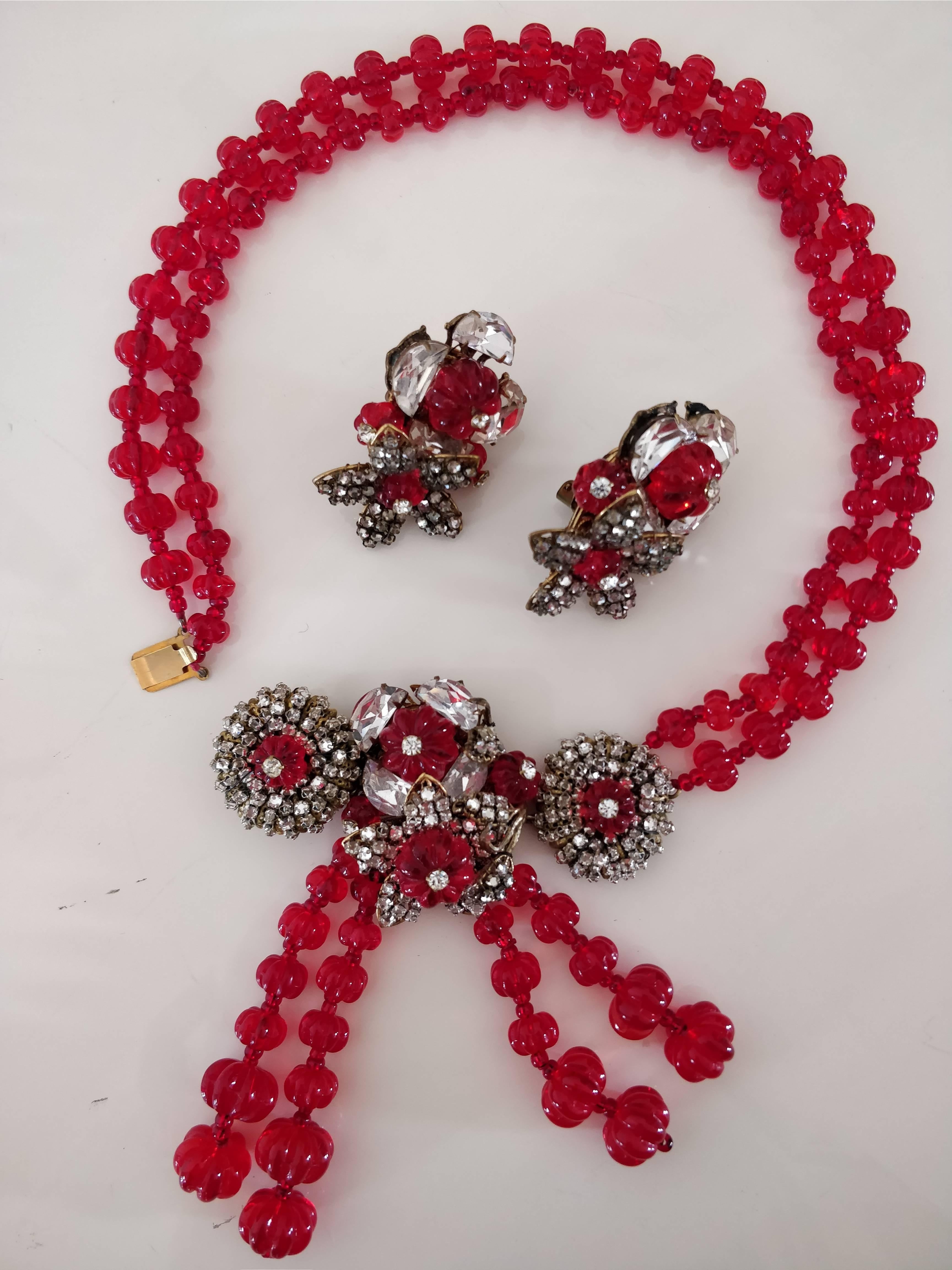 1940s Miriam Haskell Ruby Red Glass Bead, Rhinestone Necklace and Earring Set In Excellent Condition In Gresham, OR