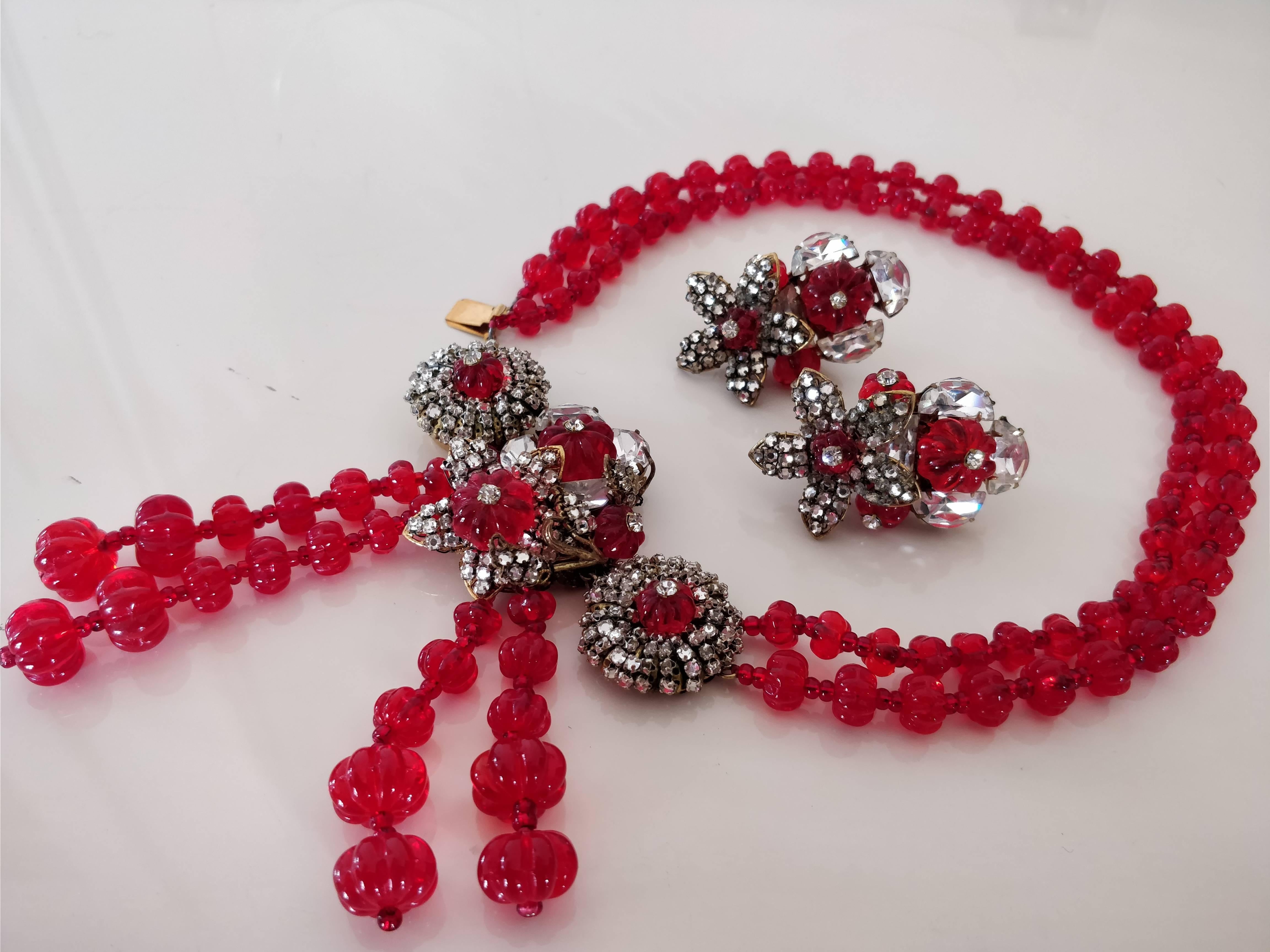 Anglo-Indian 1940s Miriam Haskell Ruby Red Glass Bead, Rhinestone Necklace and Earring Set