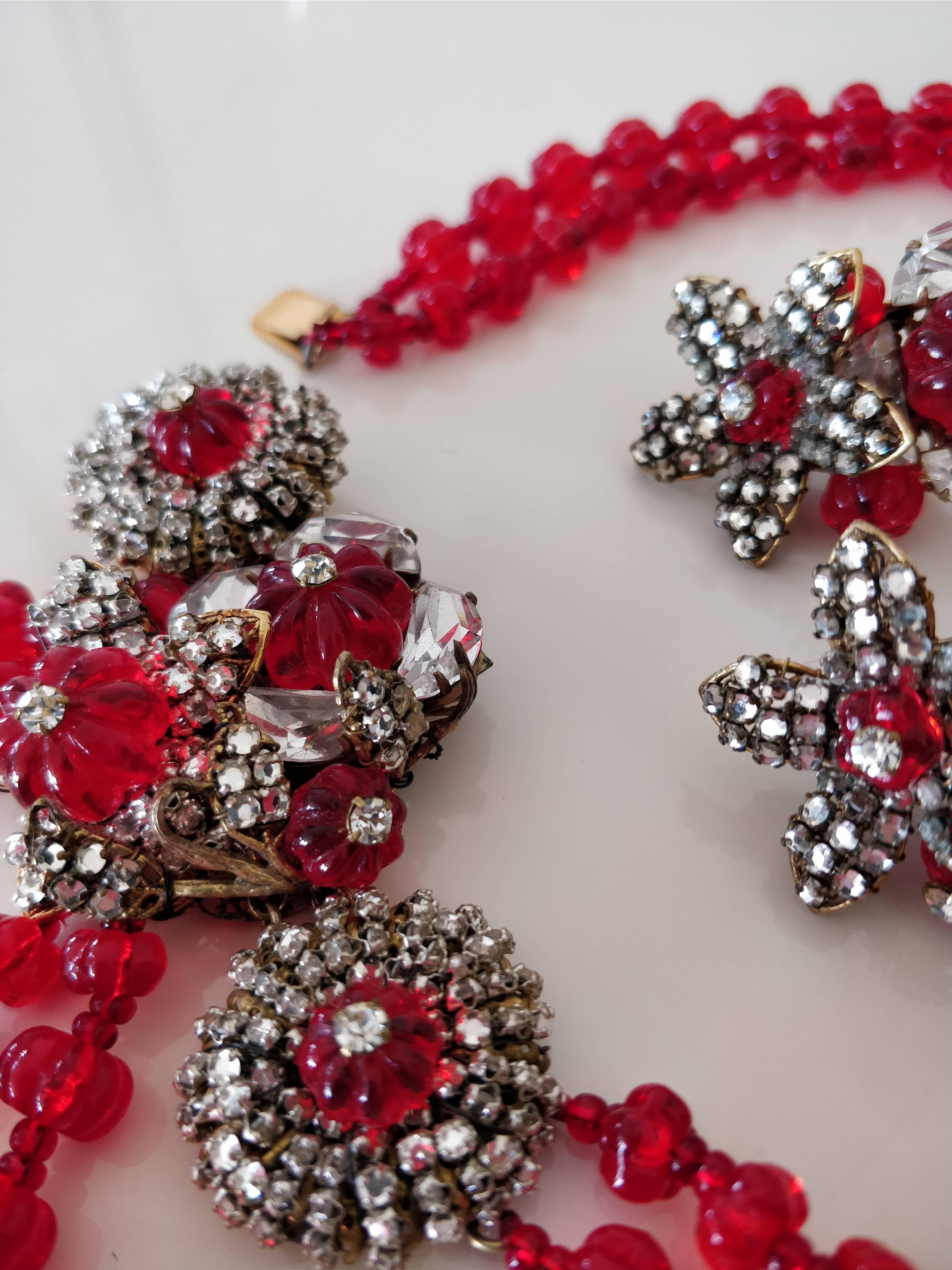 Women's 1940s Miriam Haskell Ruby Red Glass Bead, Rhinestone Necklace and Earring Set