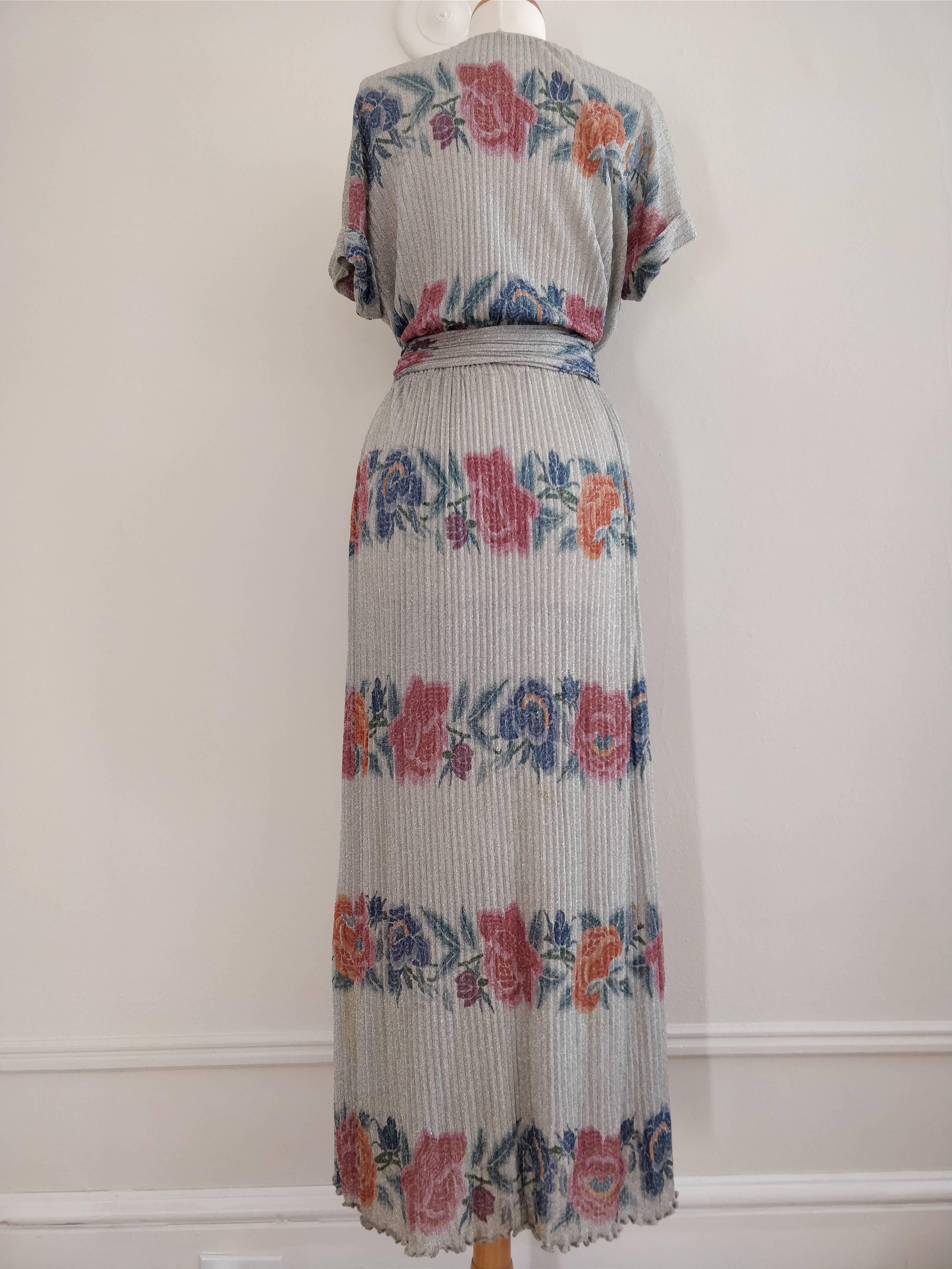 1970s Missoni Silver Lame and Floral Banded Rib-Knit Maxi Dress In Excellent Condition For Sale In Gresham, OR