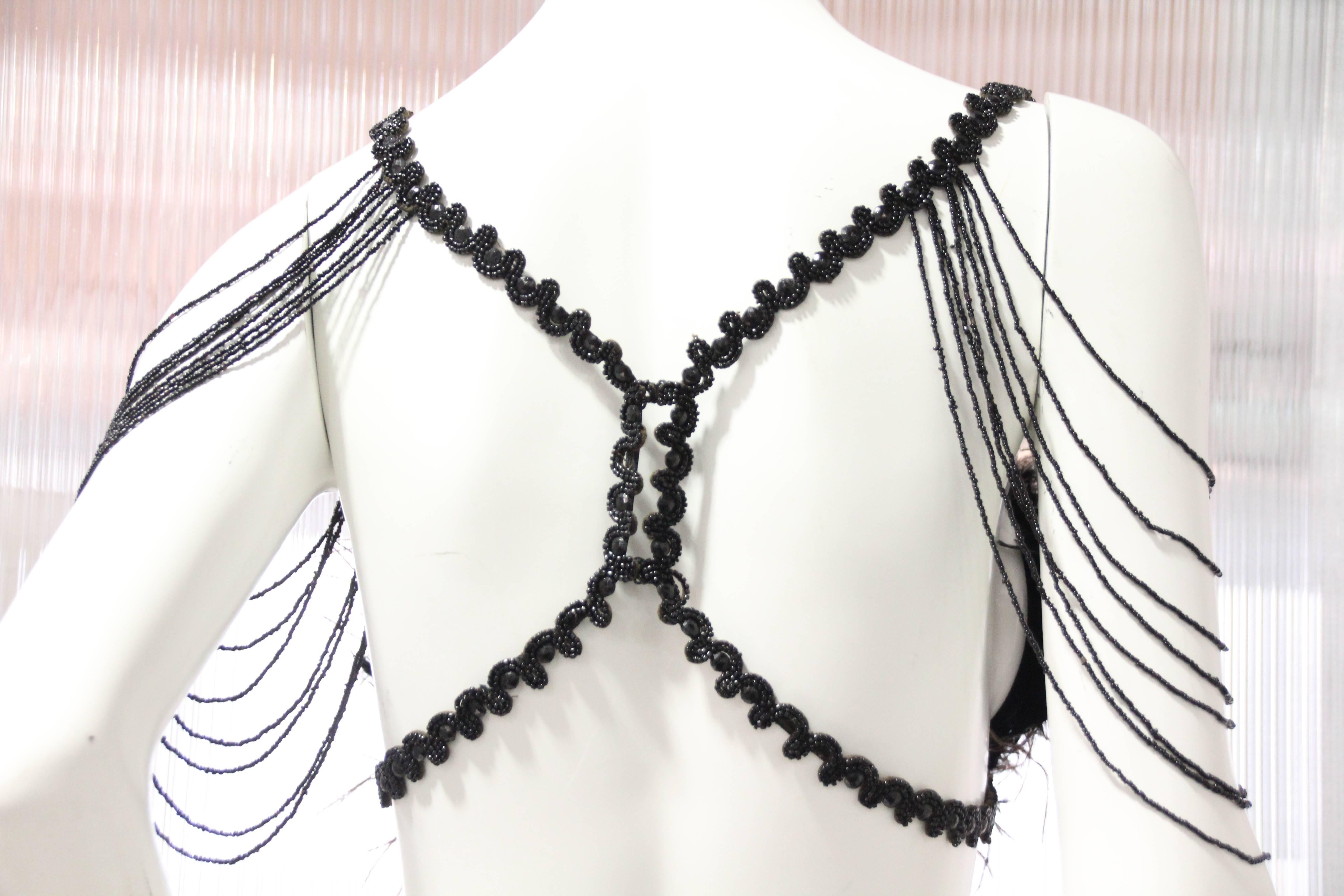 Black Burlesque Bralette Constructed of Victorian Jet Beadwork and Fringe & Feathers