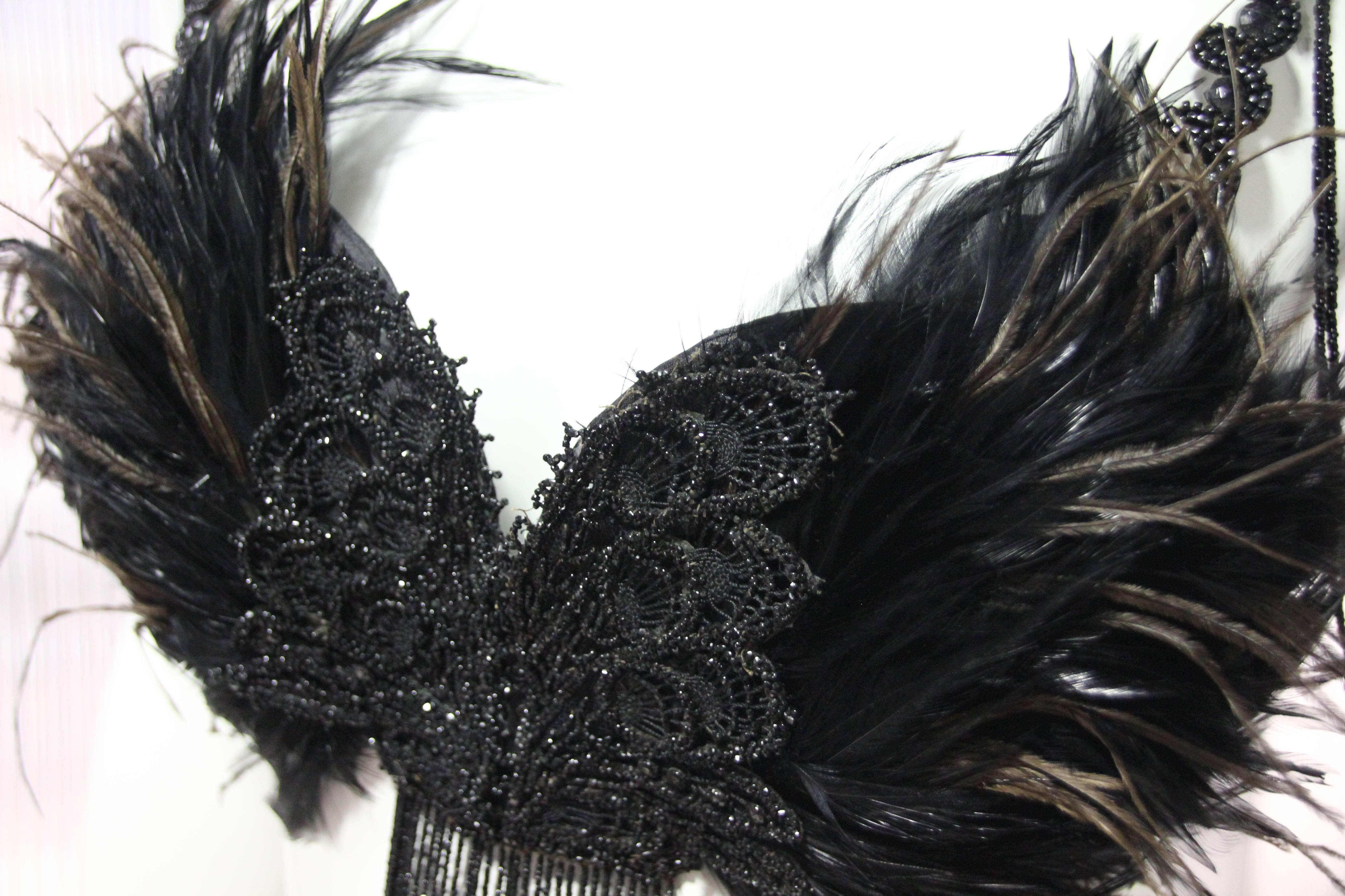 Burlesque Bralette Constructed of Victorian Jet Beadwork and Fringe & Feathers In Excellent Condition In Gresham, OR