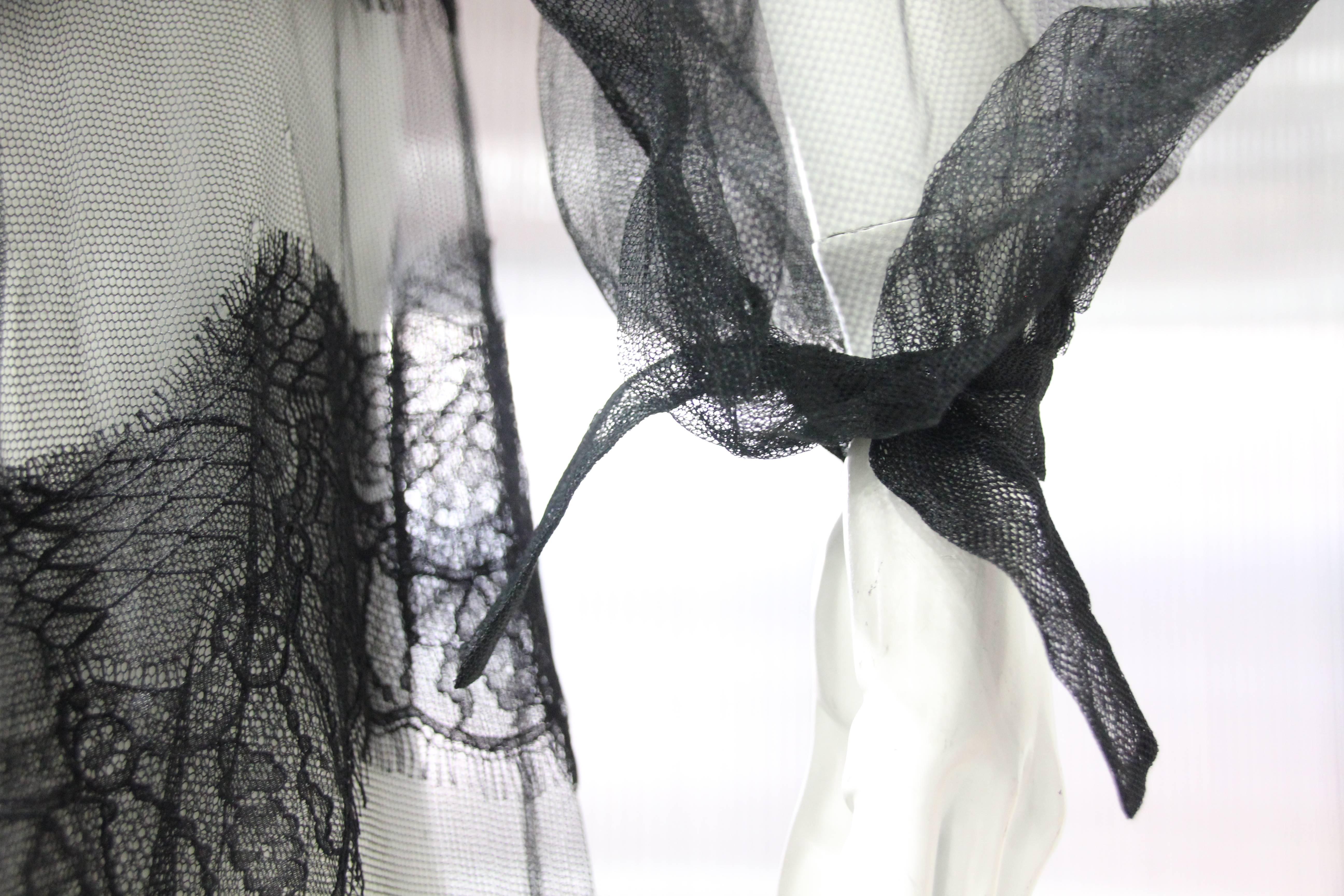 Black Net and Lace Peignoir with Balloon Sleeves and Deep-Cut Back Closure  3