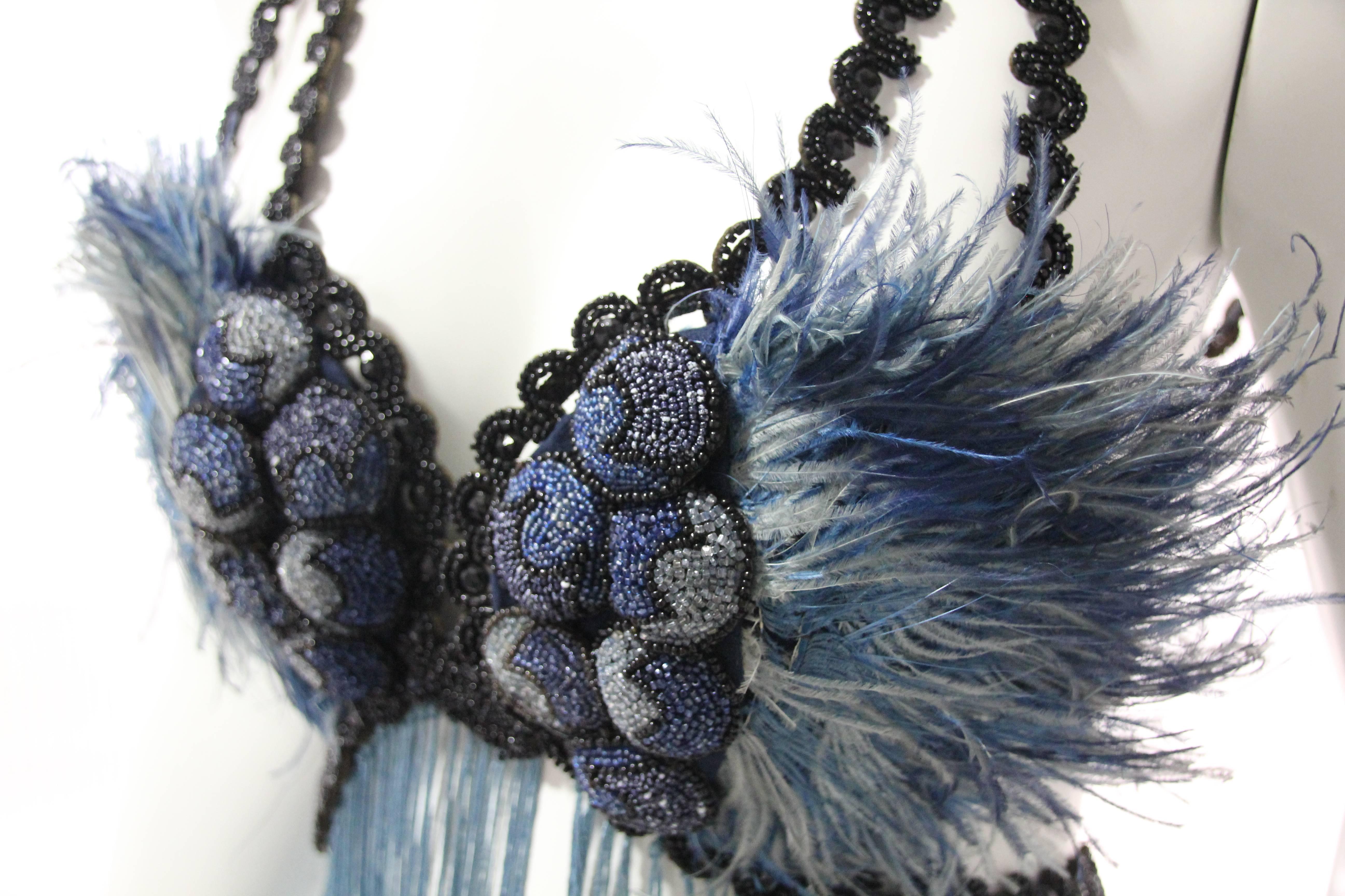 Burlesque Style Beaded Feathered Blue Bralette with Long Ombre Fringe and Beads 1