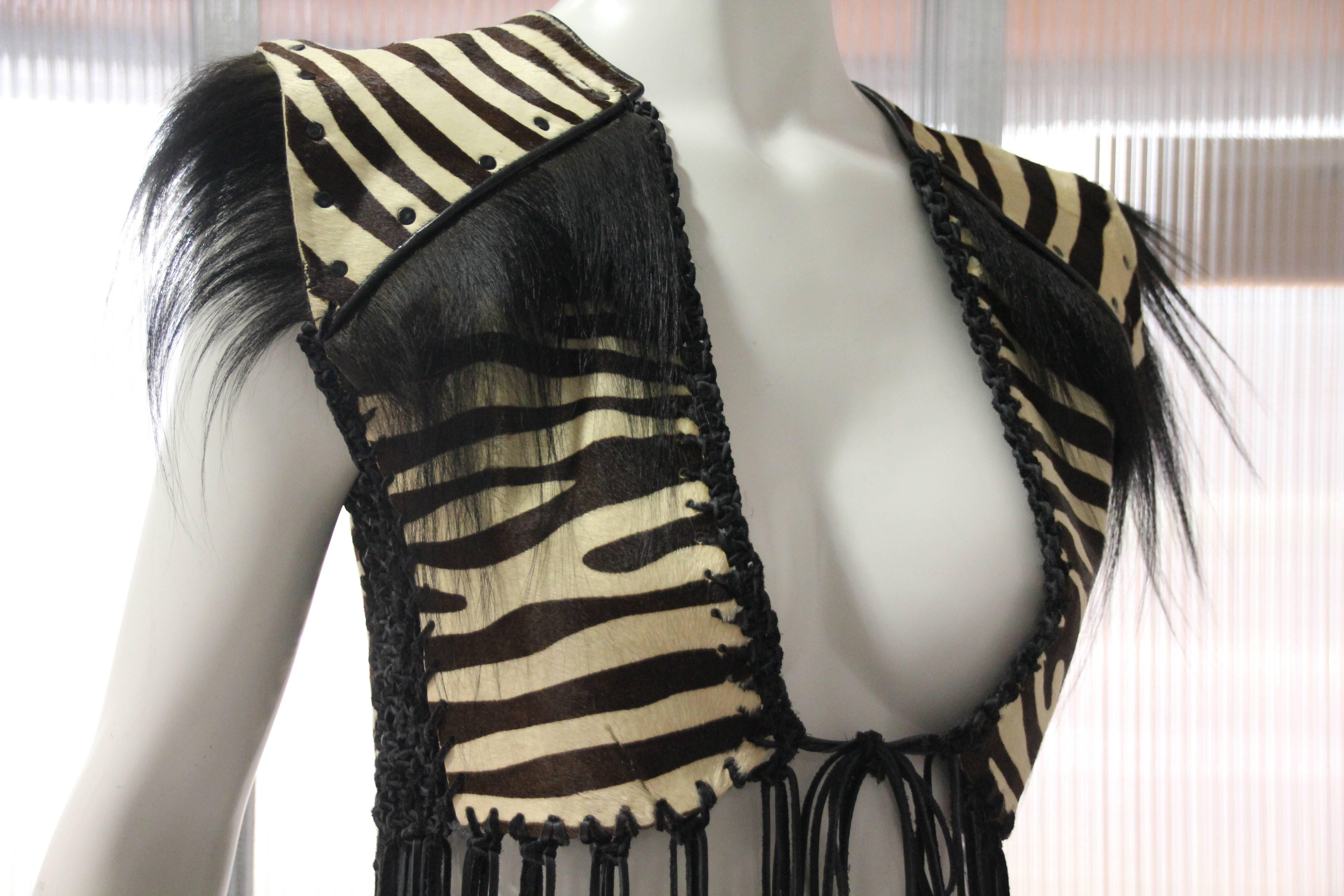 Gray 1970s Style Zebra Stenciled Calf Skin Vest w Leather Cord Fringe 