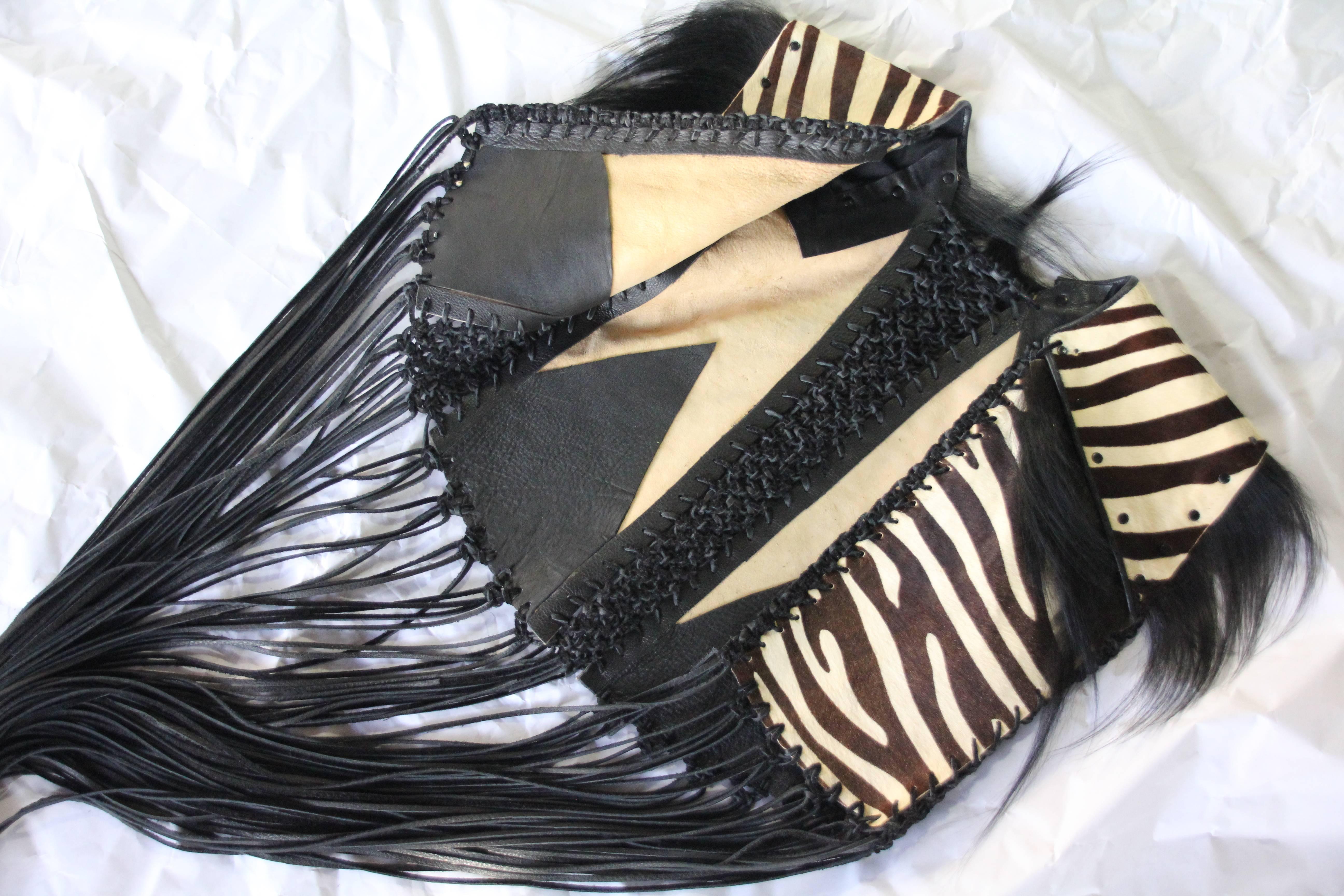 1970s Style Zebra Stenciled Calf Skin Vest w Leather Cord Fringe  2