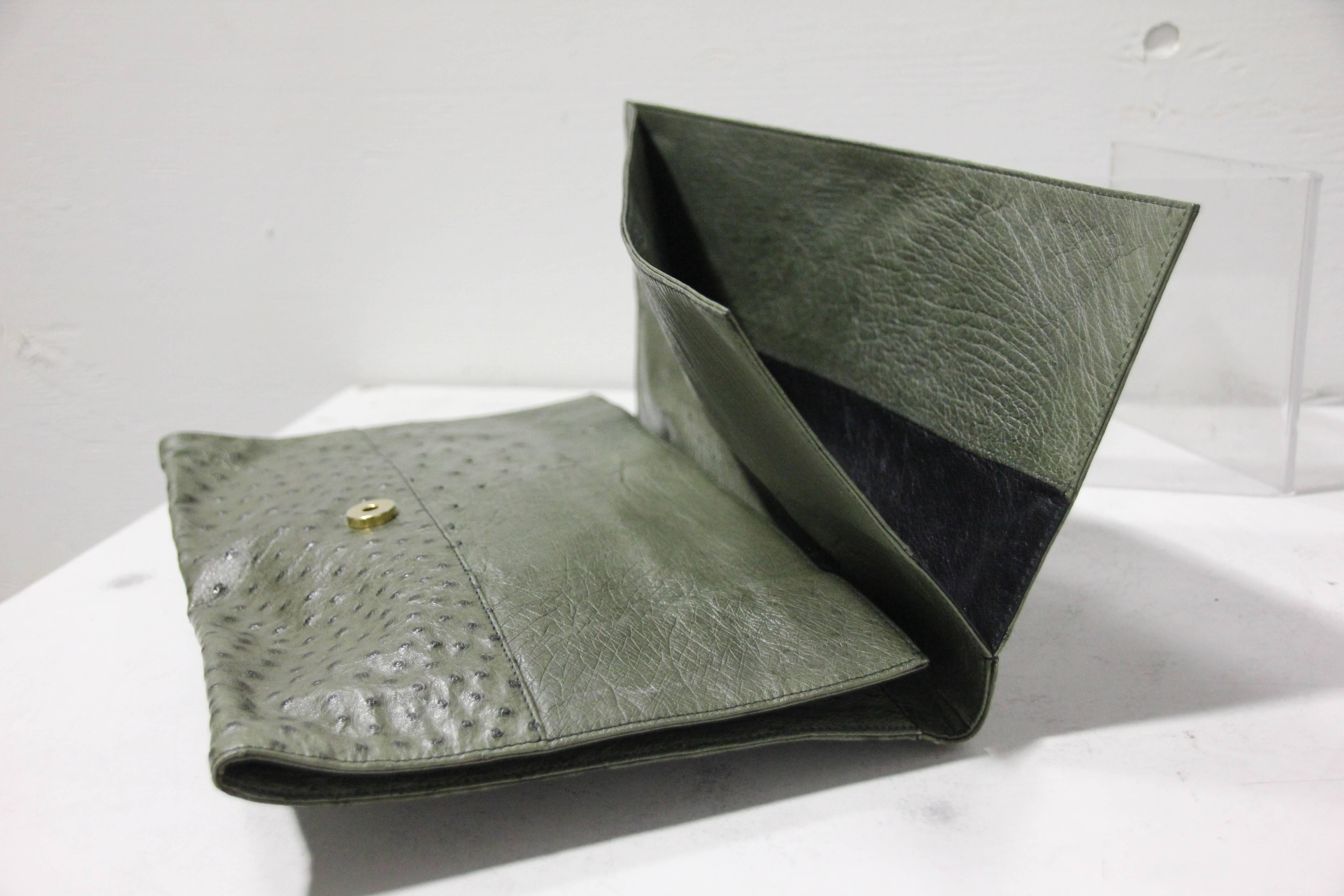 Loewe Moss Green Ostrich Leather Envelope Clutch, 1970s  In Excellent Condition For Sale In Gresham, OR