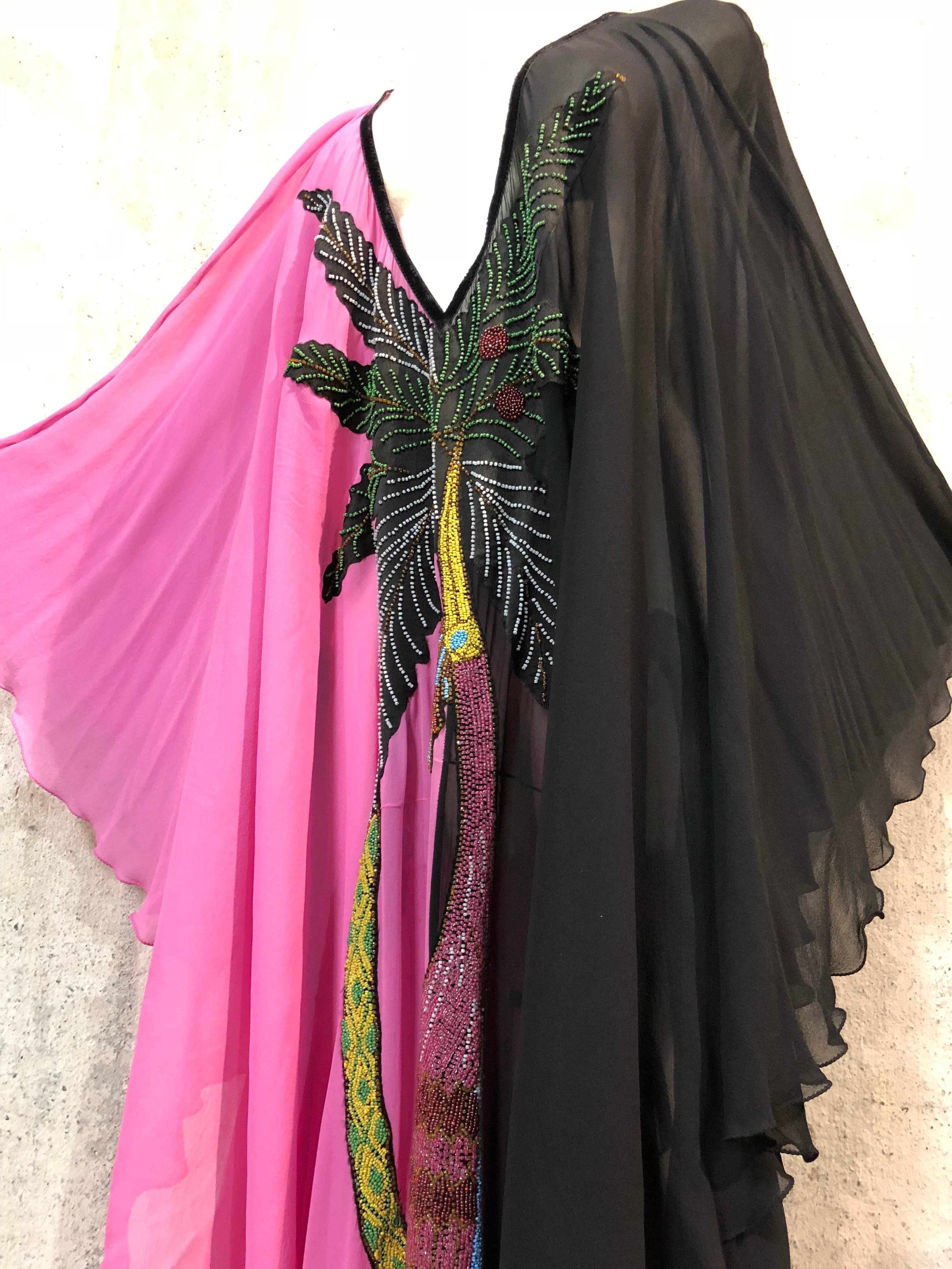 Black and Pink Silk Chiffon Deco Style Kaftan With Exotic Beaded Centerpiece  In Excellent Condition In Gresham, OR