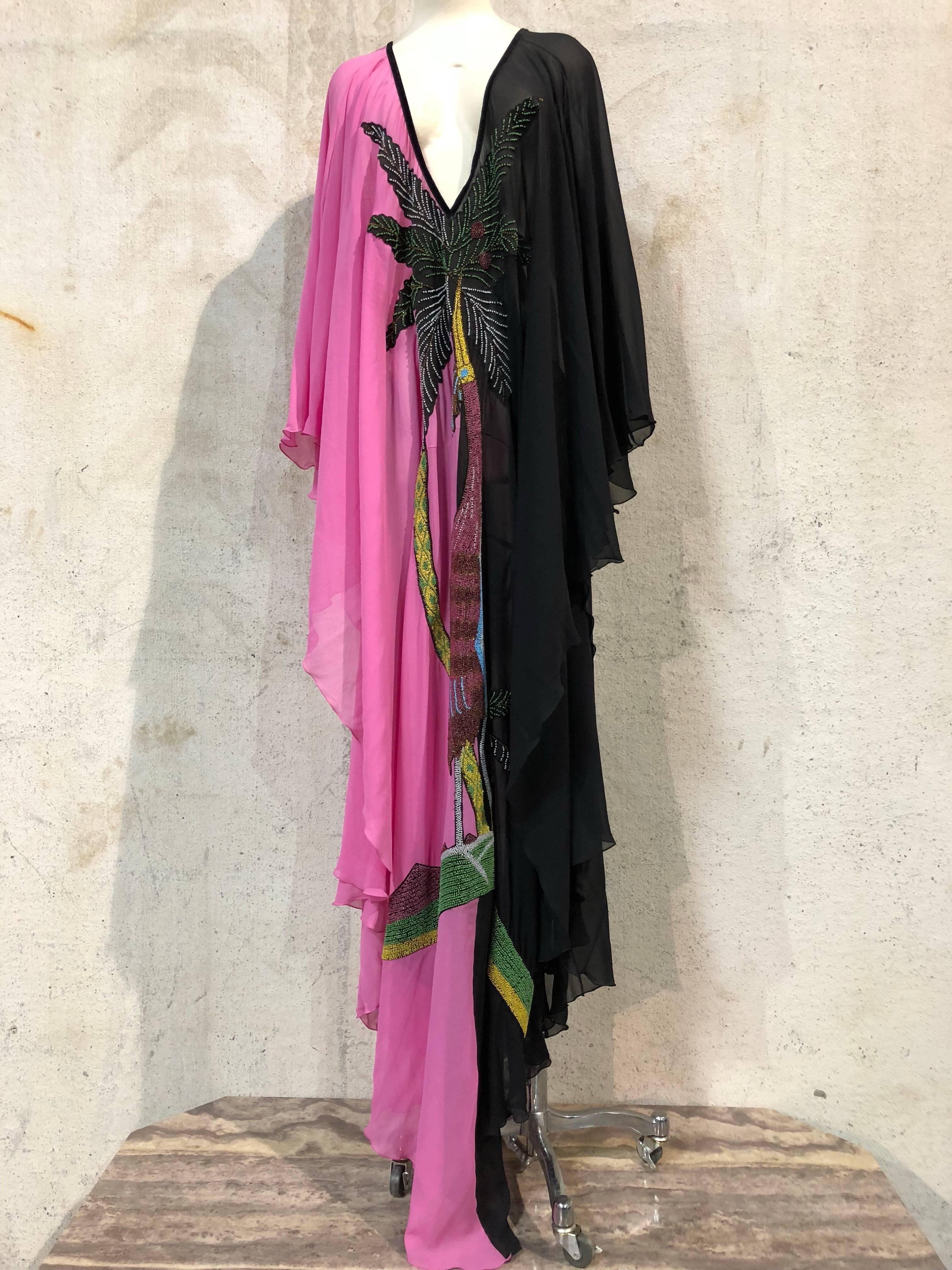 Black and Pink Silk Chiffon Deco Style Kaftan With Exotic Beaded Centerpiece  2