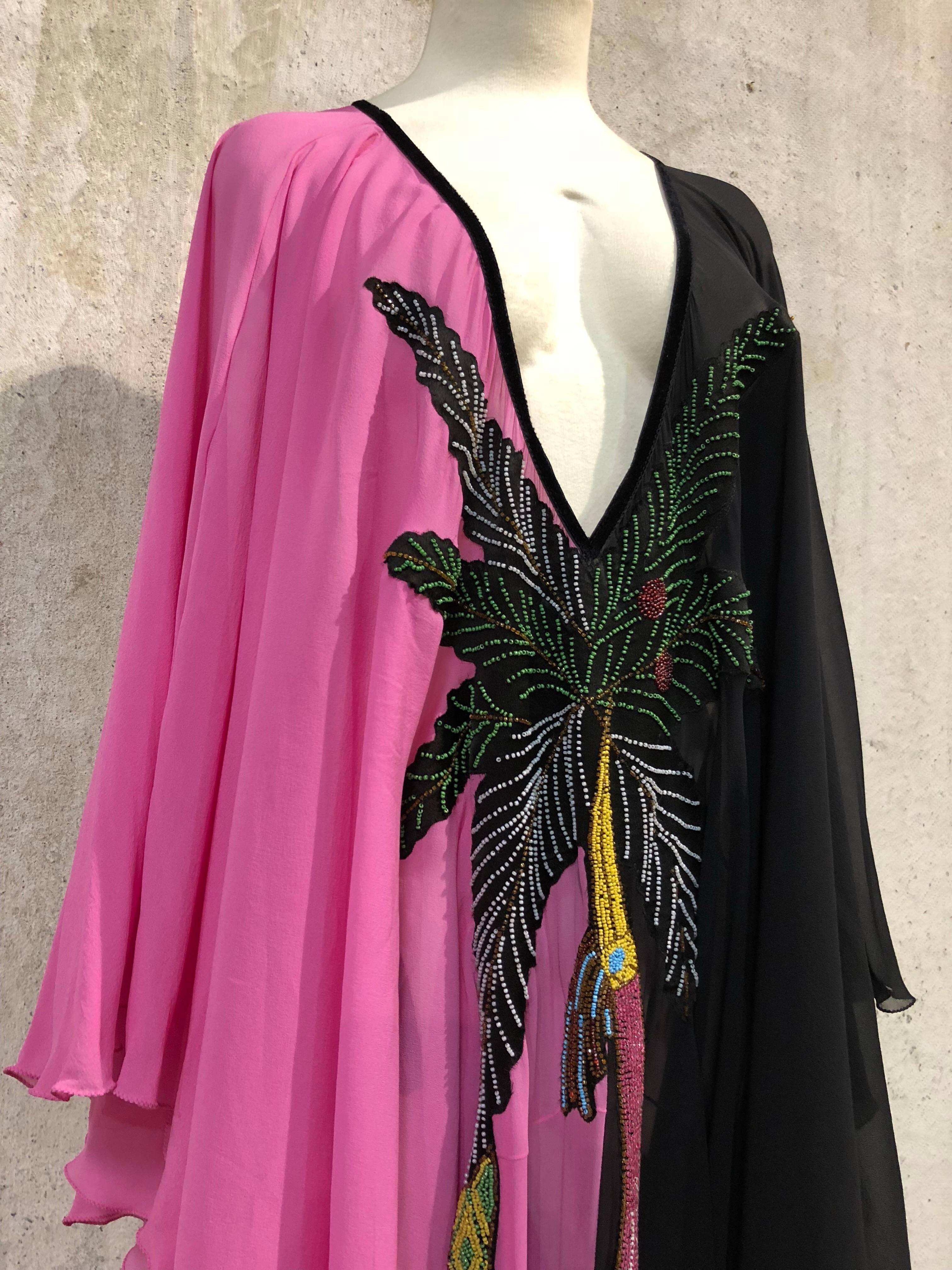 Black and Pink Silk Chiffon Deco Style Kaftan With Exotic Beaded Centerpiece  3