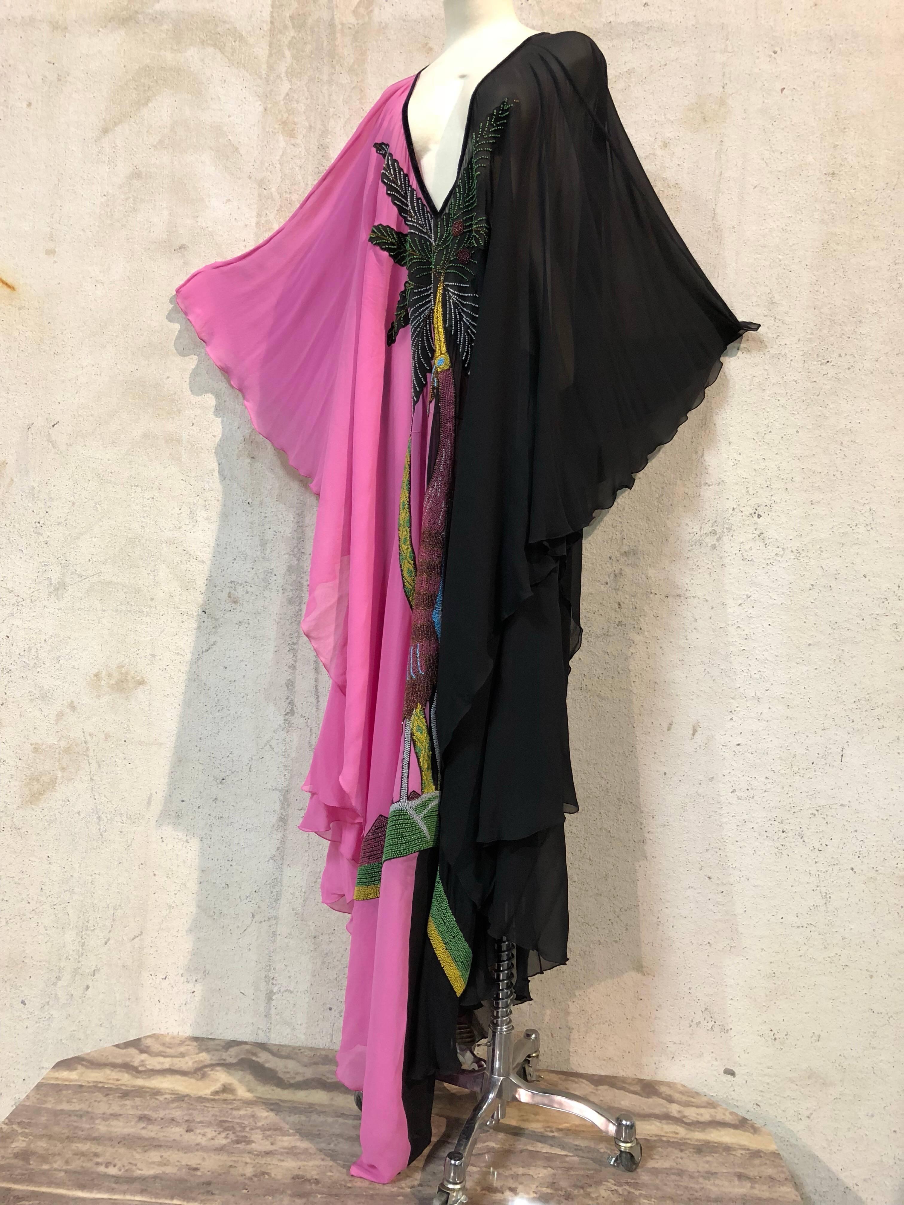 Black and Pink Silk Chiffon Deco Style Kaftan With Exotic Beaded Centerpiece  4