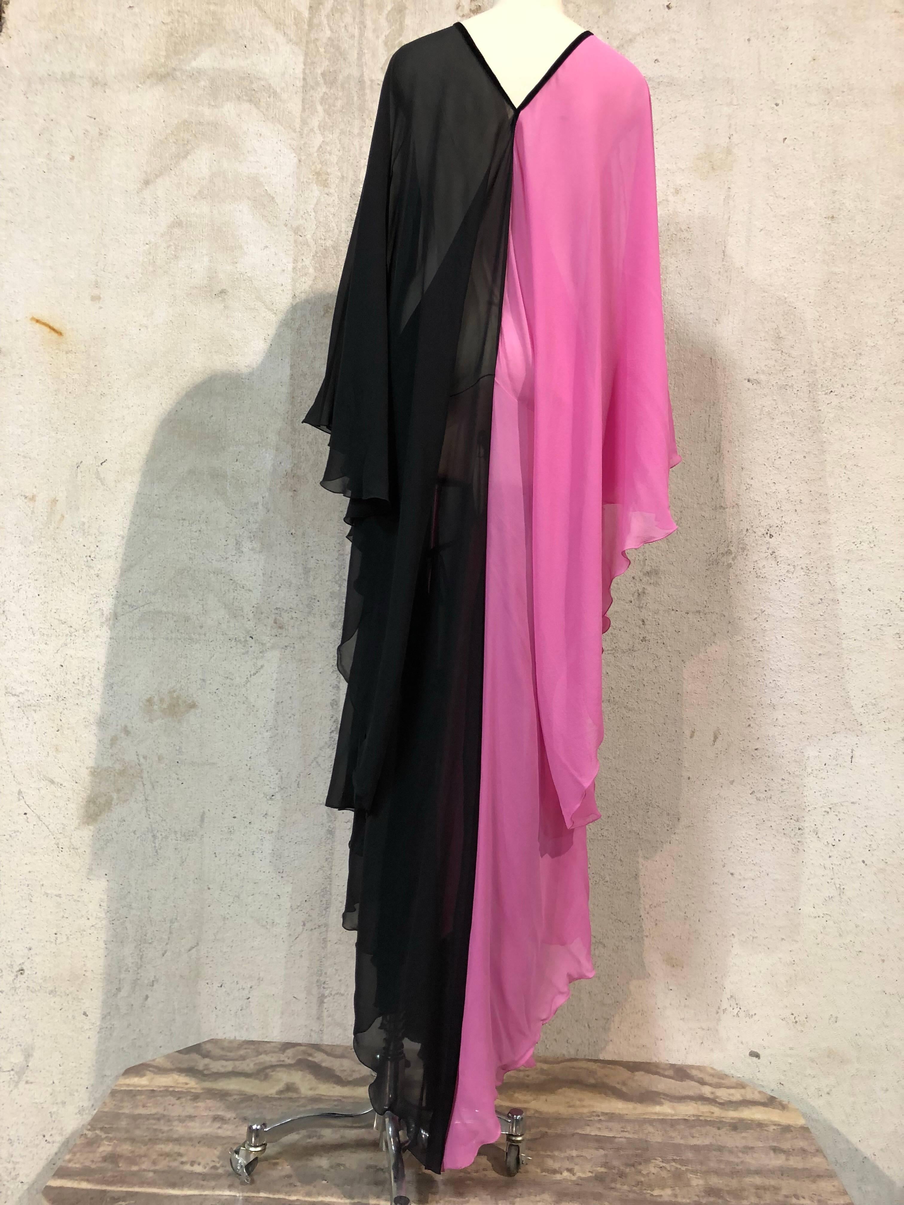 Black and Pink Silk Chiffon Deco Style Kaftan With Exotic Beaded Centerpiece  5