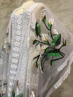 Hand Embroidered White Net Kaftan W/ Machine Lace Panels & Eyelet Fringe Details