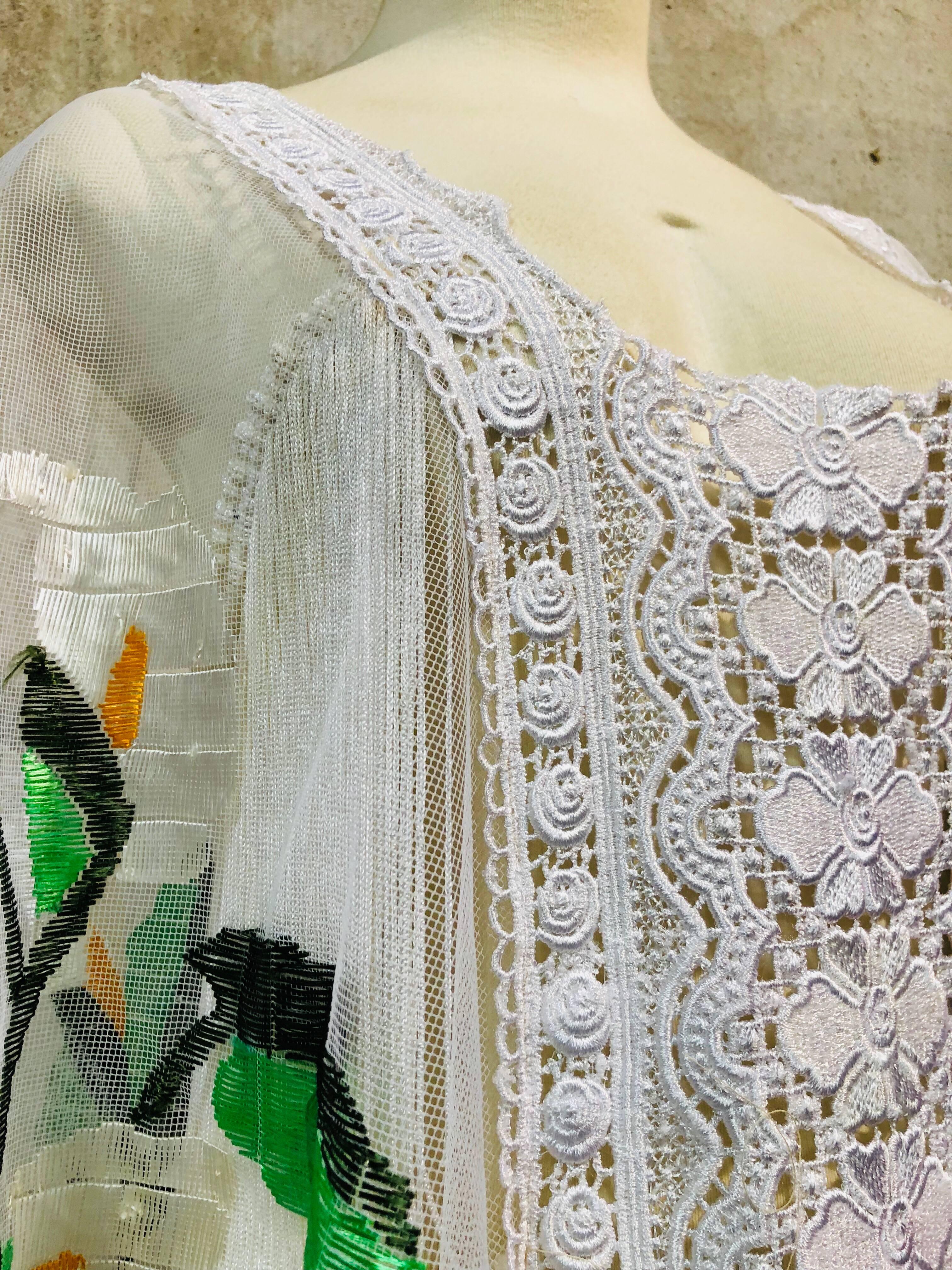 Hand Embroidered White Net Kaftan W/ Machine Lace Panels & Eyelet Fringe Details For Sale 1