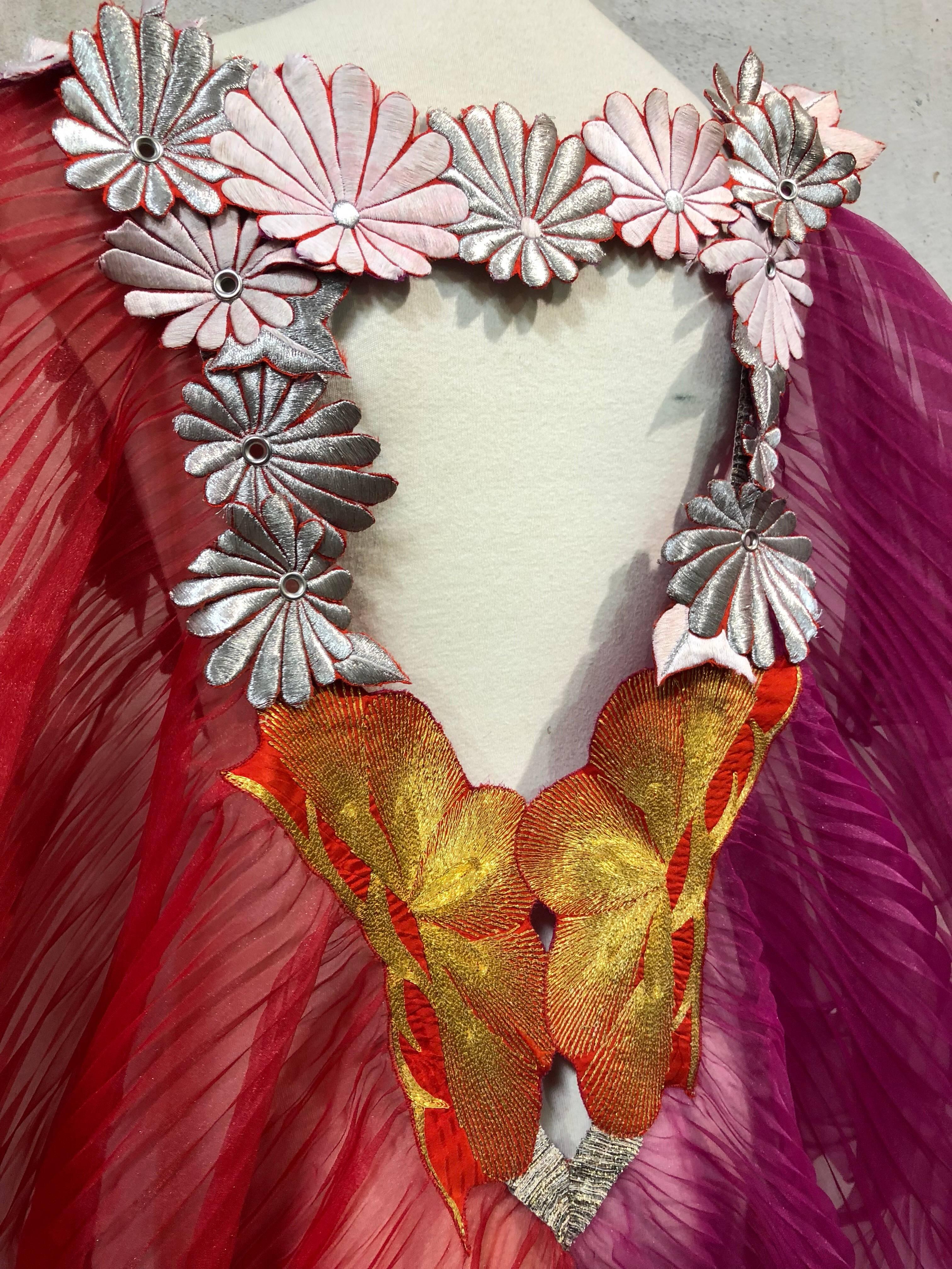 Red Origami Style Fan Pleated Jumpsuit W/ Silk Floss & Silver Metallic Flower Trim