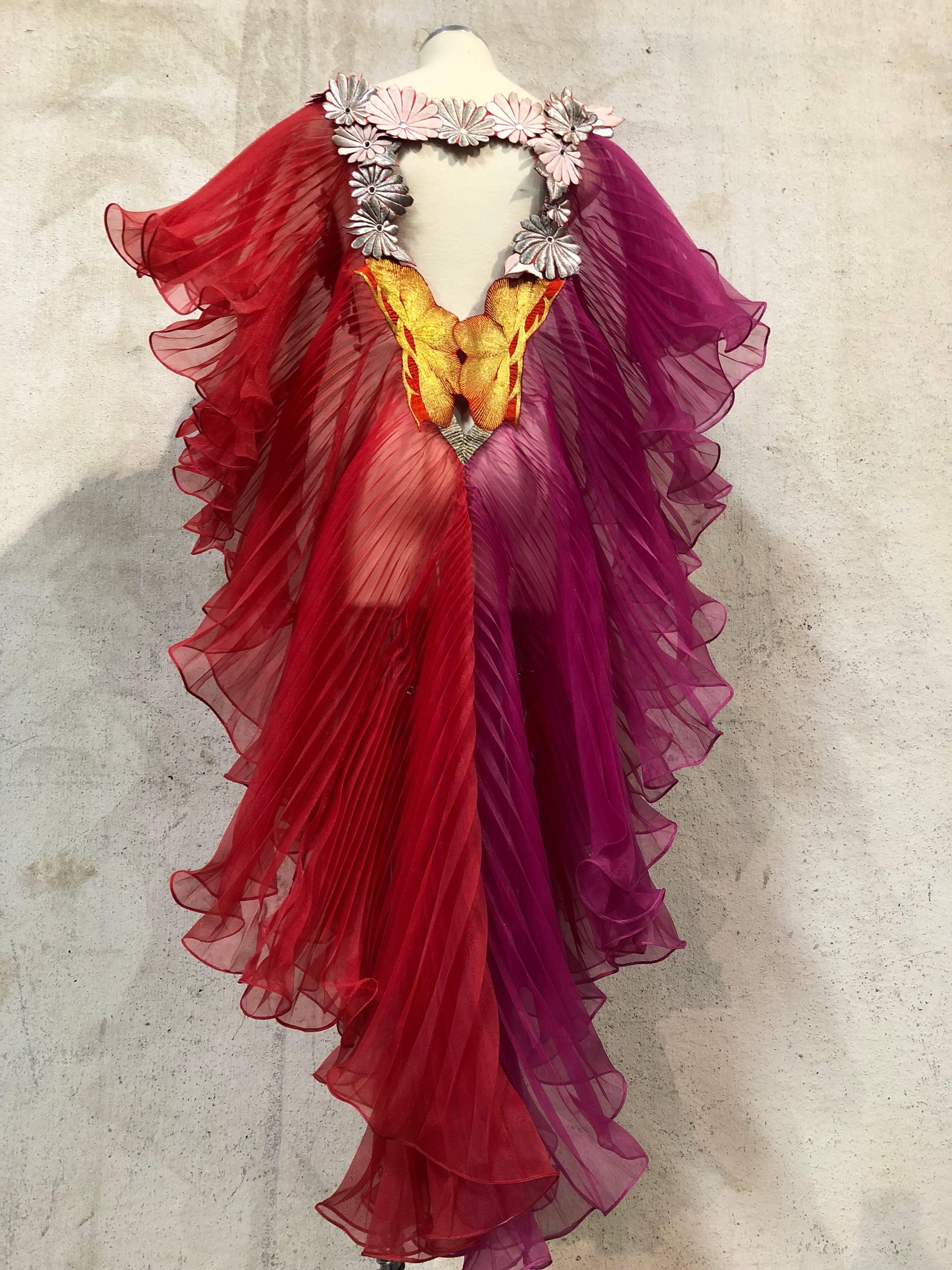 Origami Style Fan Pleated Jumpsuit W/ Silk Floss & Silver Metallic Flower Trim 3