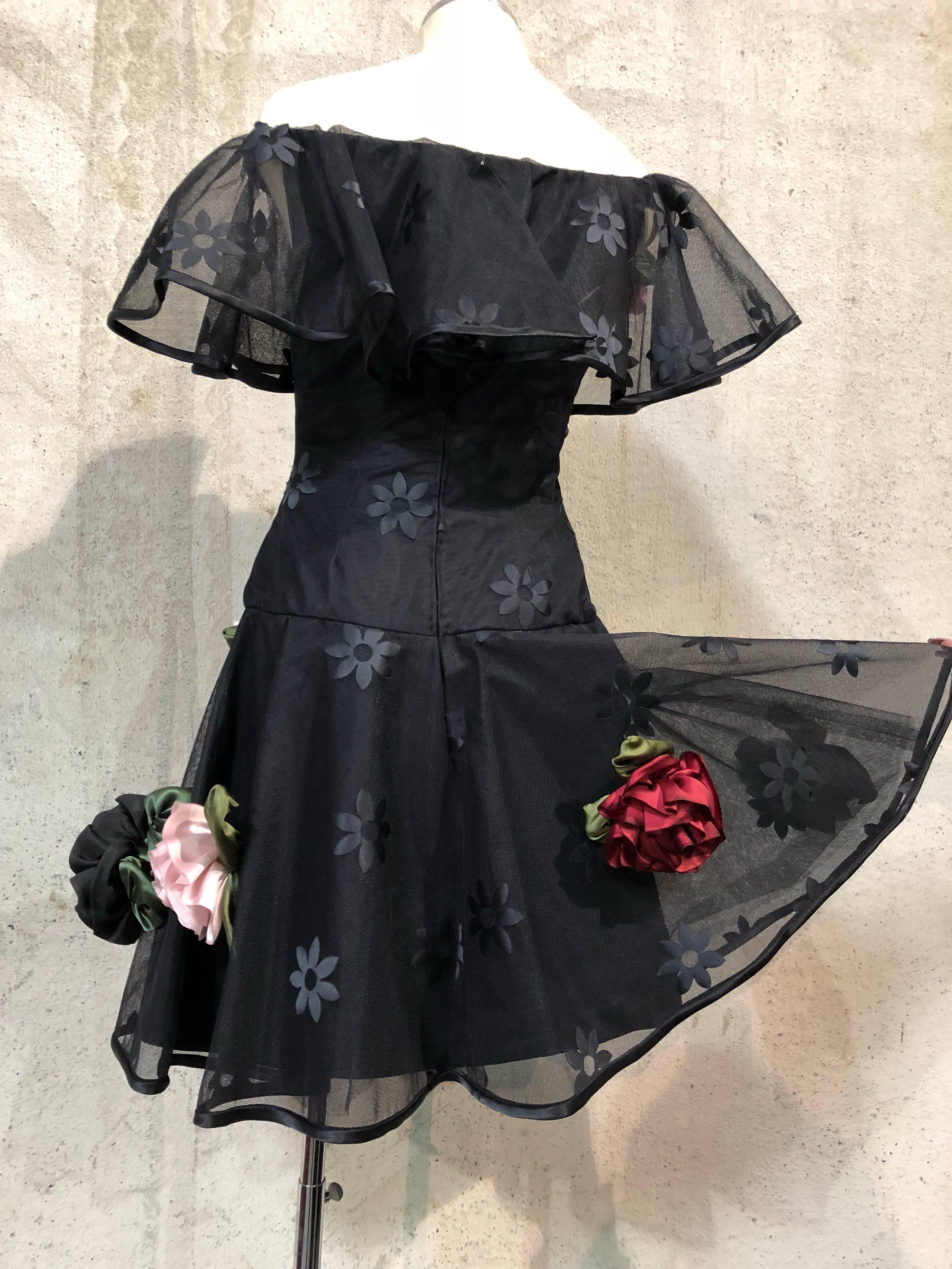 1980s Scaasi Black Tulle Cocktail Dress W/ Off-Shoulders & Silk Appliqué Roses In Excellent Condition In Gresham, OR