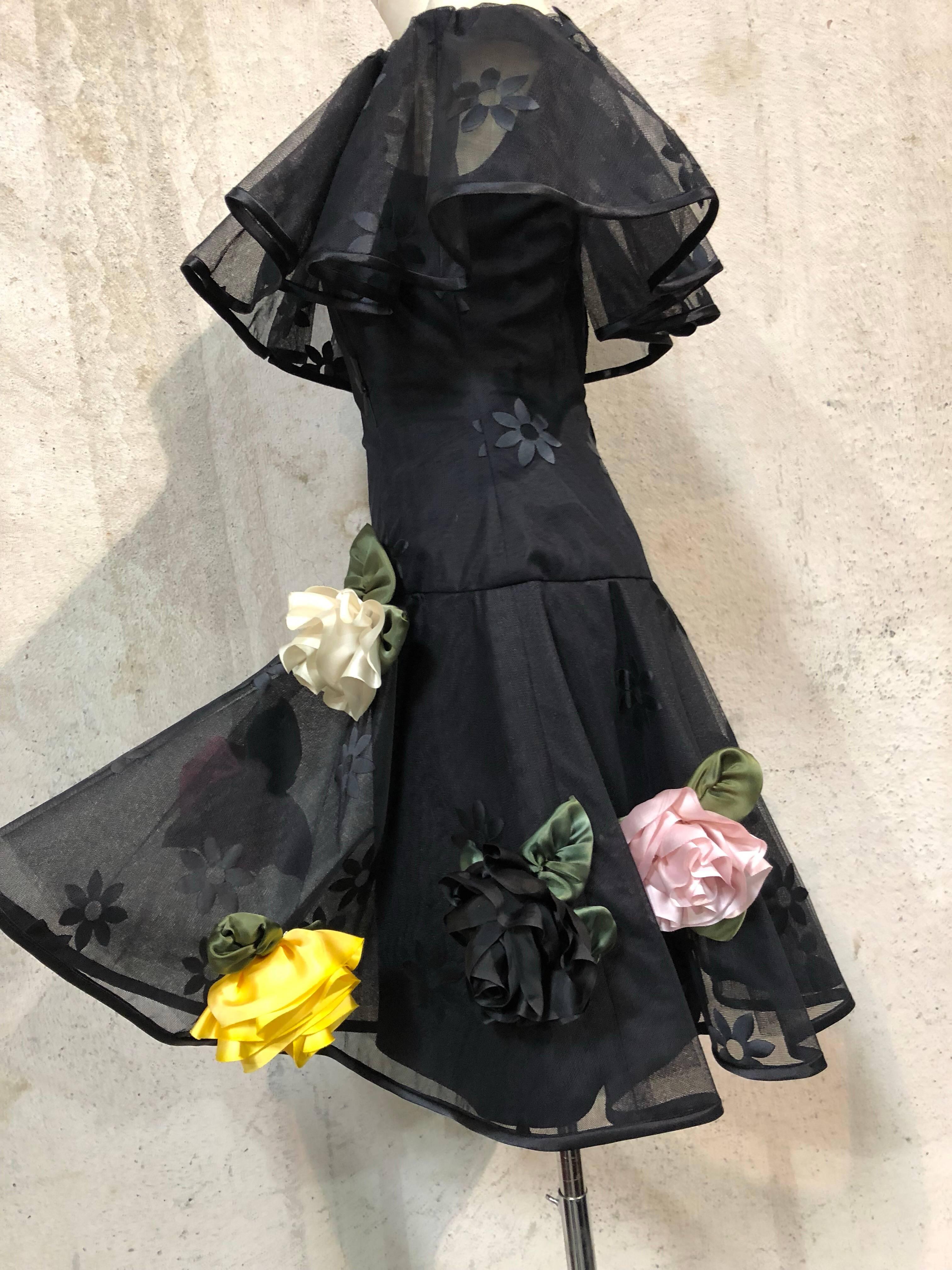 Women's 1980s Scaasi Black Tulle Cocktail Dress W/ Off-Shoulders & Silk Appliqué Roses