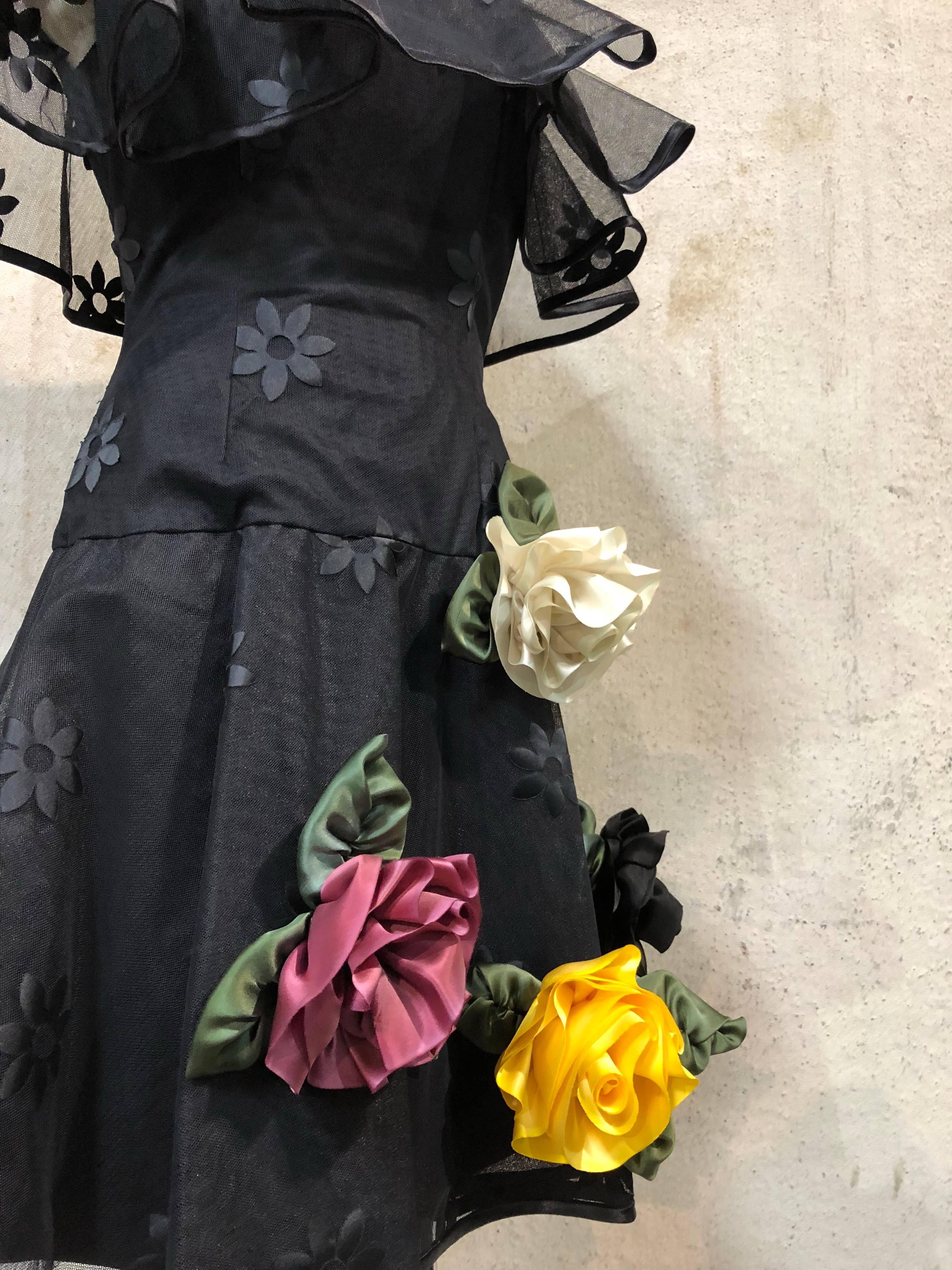 1980s Scaasi Black Tulle Cocktail Dress W/ Off-Shoulders & Silk Appliqué Roses 1