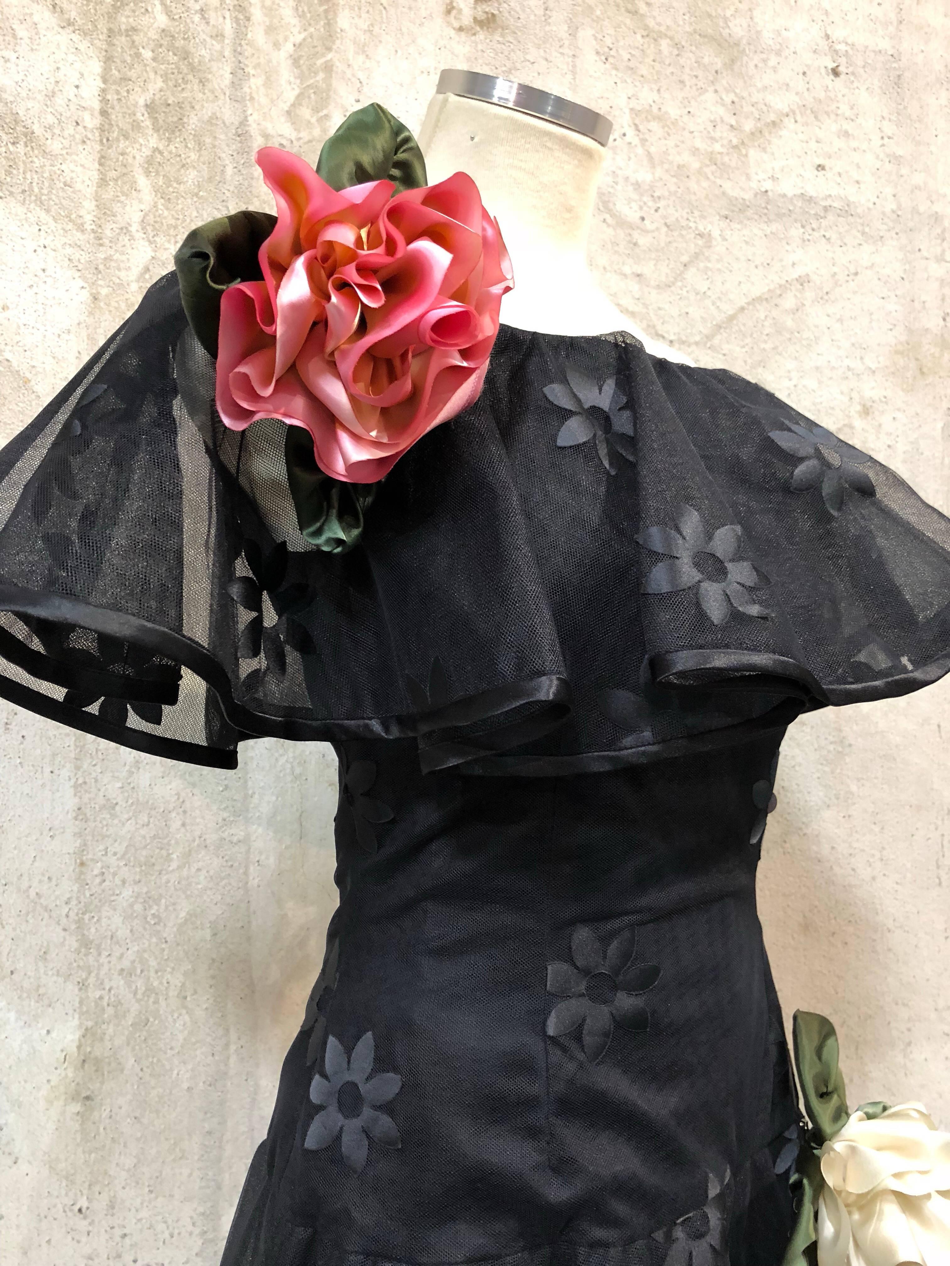 1980s Scaasi Black Tulle Cocktail Dress W/ Off-Shoulders & Silk Appliqué Roses 2