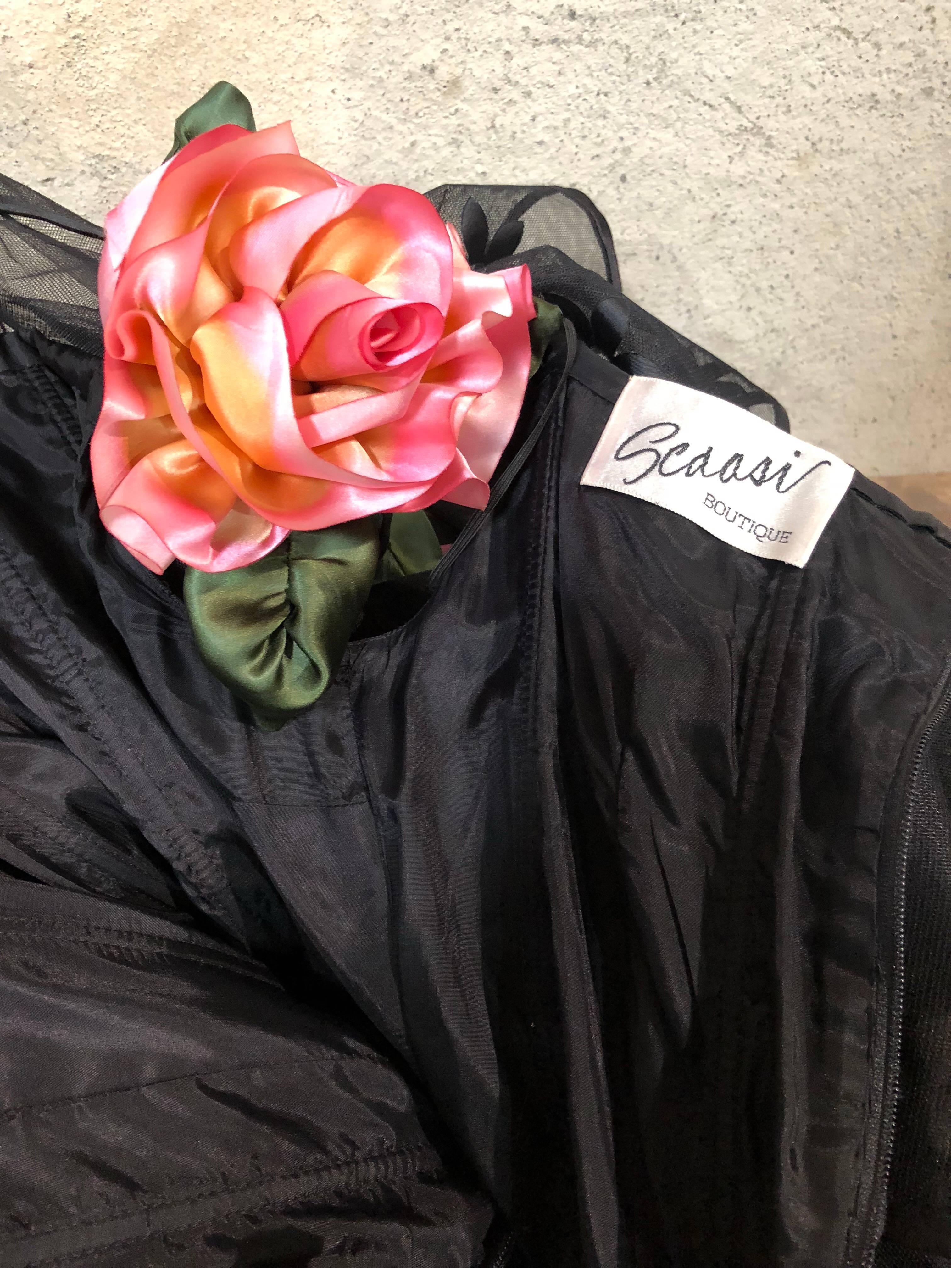 1980s Scaasi Black Tulle Cocktail Dress W/ Off-Shoulders & Silk Appliqué Roses 3