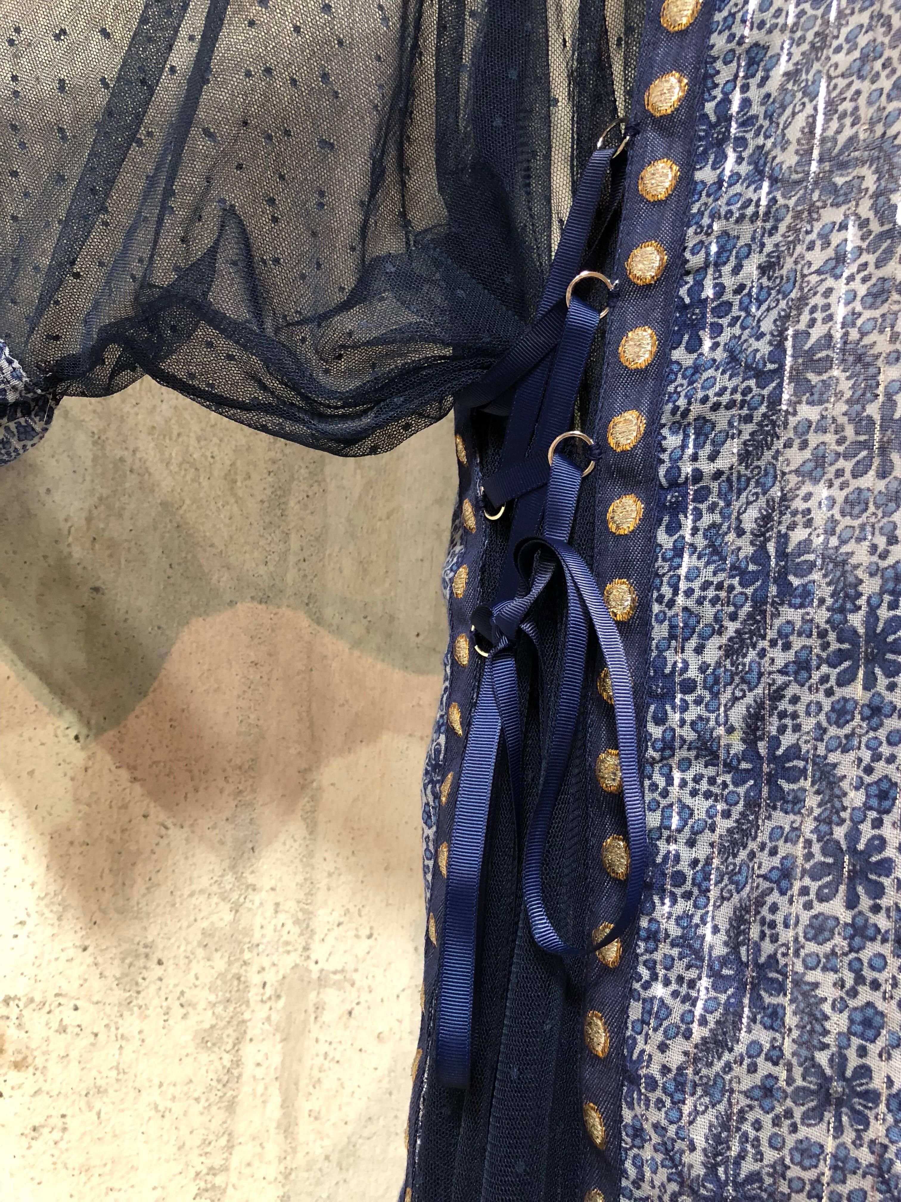 Black  Bohemian Blue India Printed Woven Cotton & Net Kaftan W/ Lace-Up Ribbon Ties