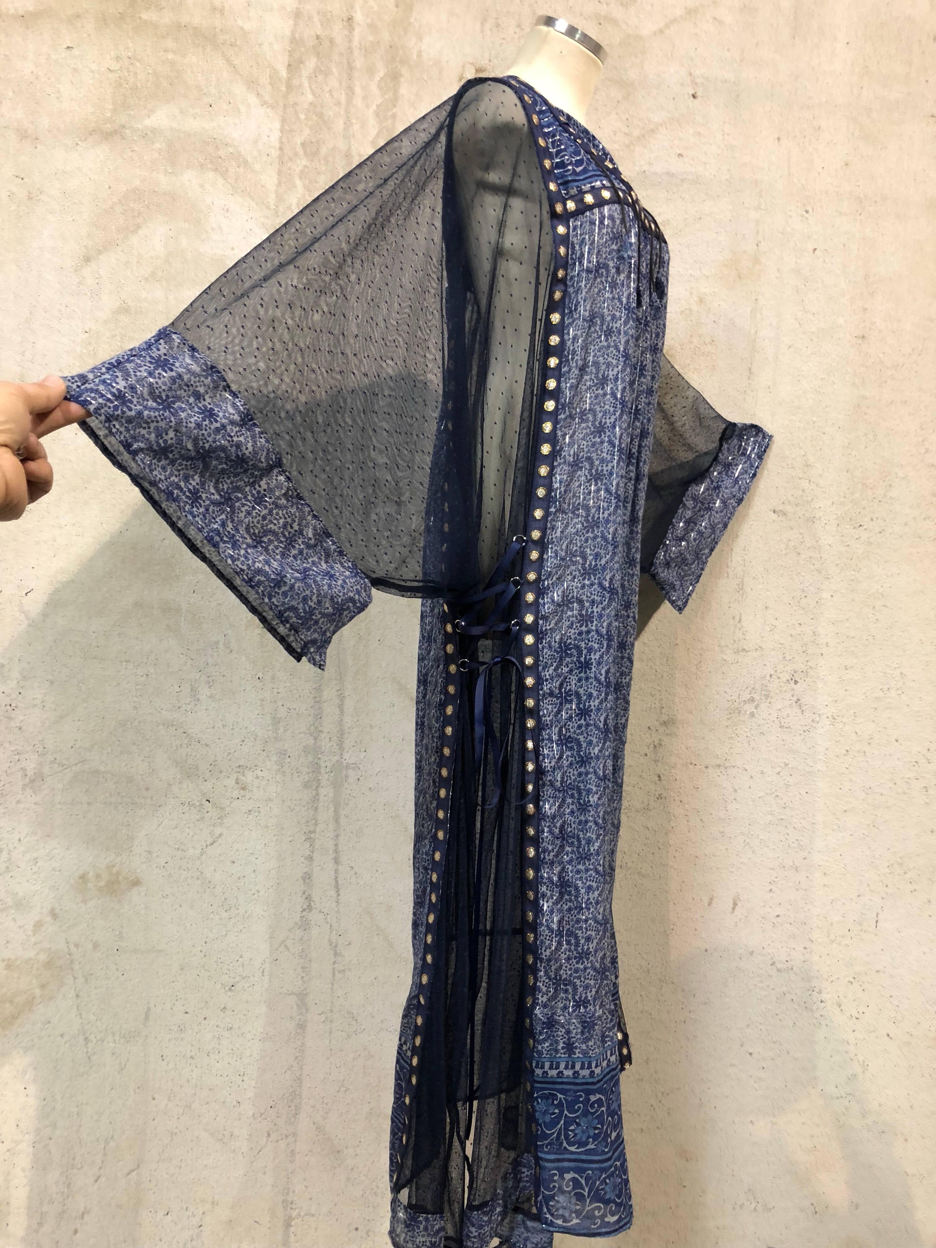 Women's  Bohemian Blue India Printed Woven Cotton & Net Kaftan W/ Lace-Up Ribbon Ties