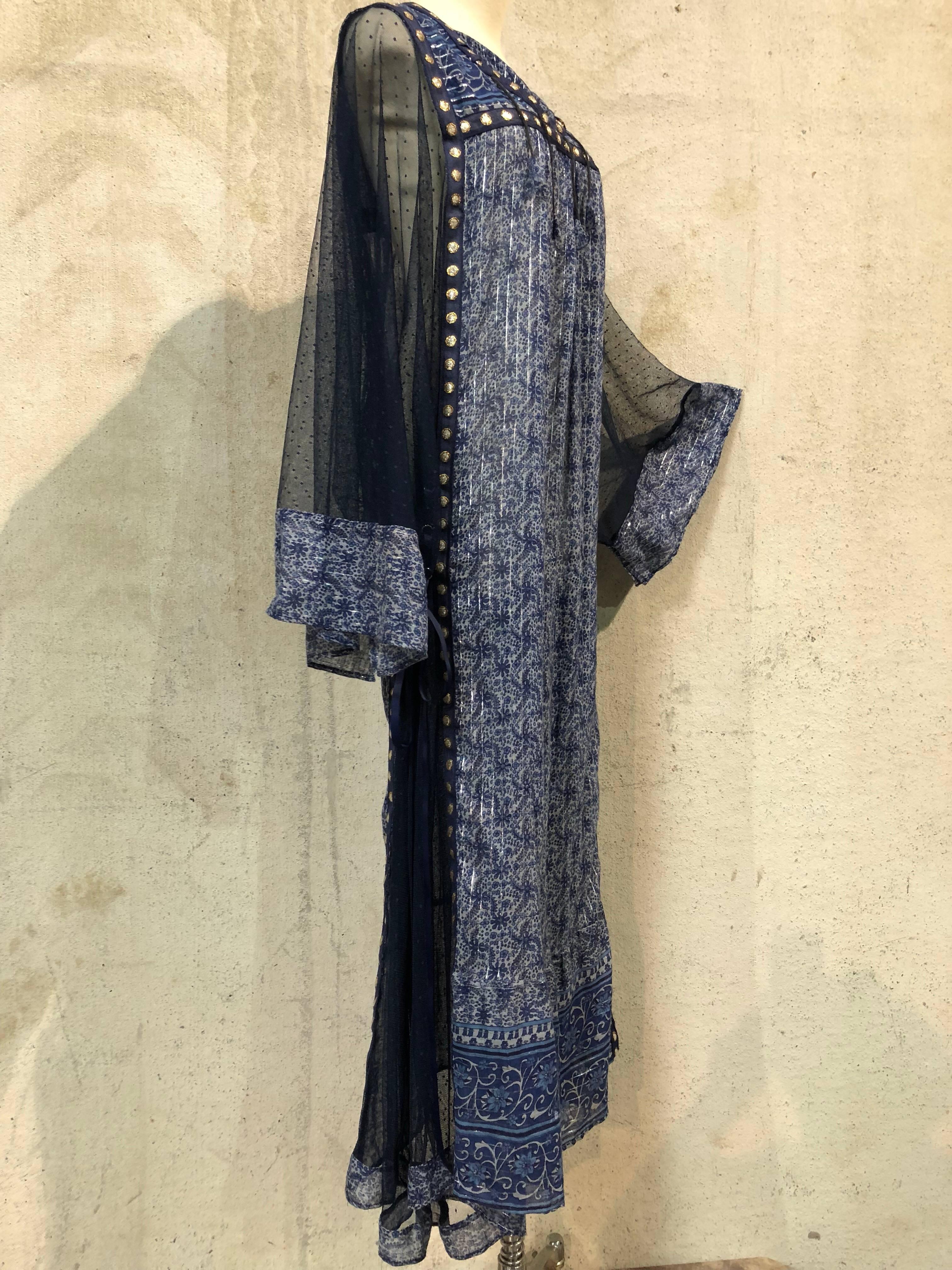  Bohemian Blue India Printed Woven Cotton & Net Kaftan W/ Lace-Up Ribbon Ties 2