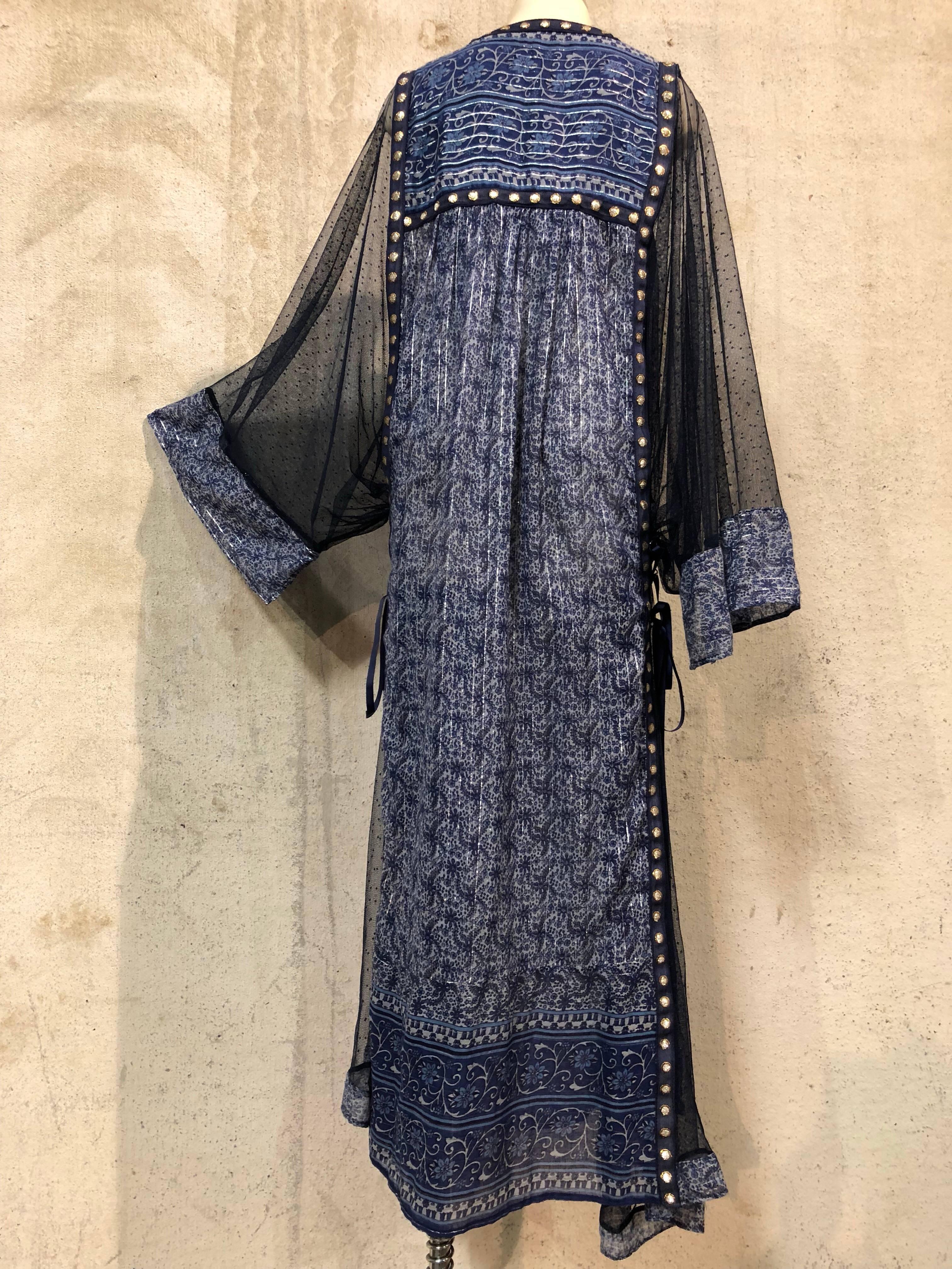  Bohemian Blue India Printed Woven Cotton & Net Kaftan W/ Lace-Up Ribbon Ties 3