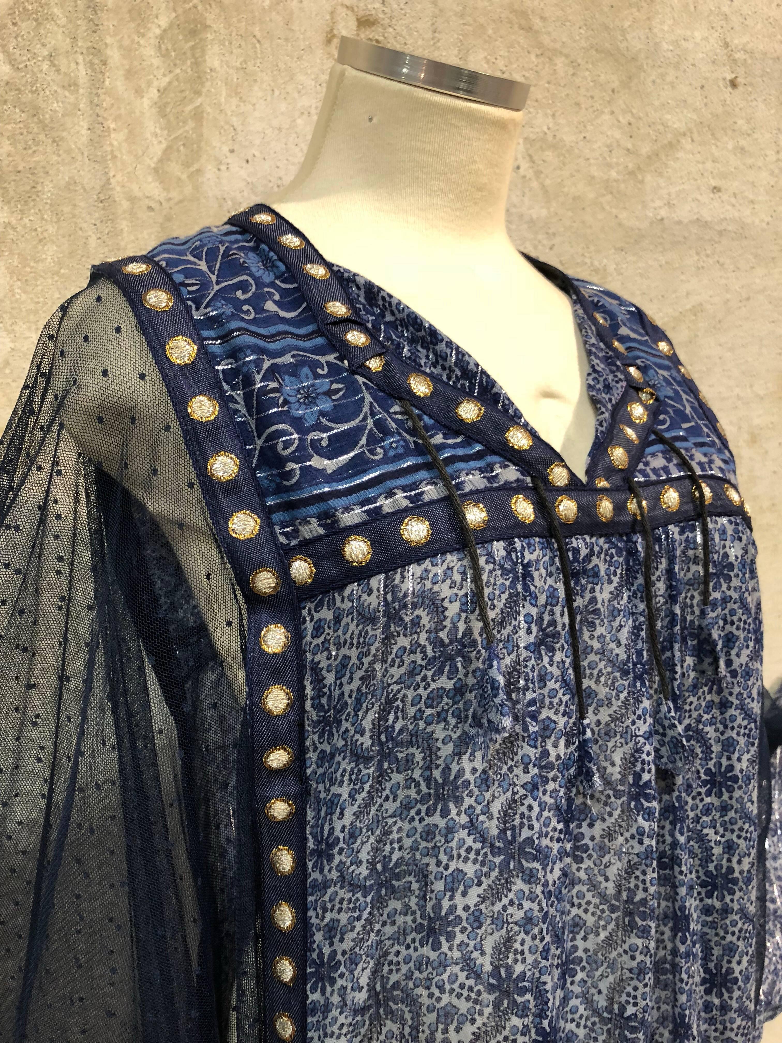  Bohemian Blue India Printed Woven Cotton & Net Kaftan W/ Lace-Up Ribbon Ties 4