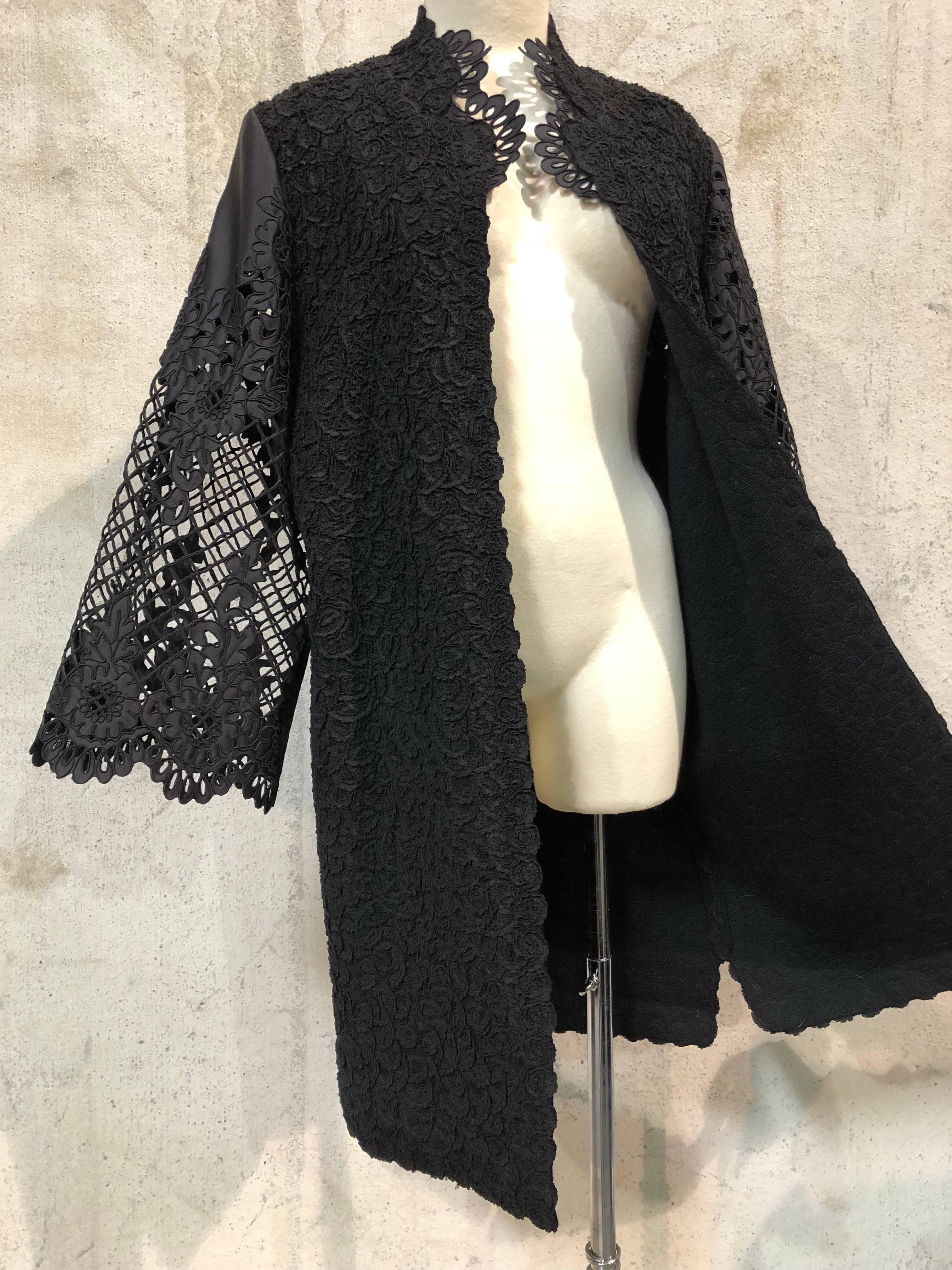 Women's 1960s Wool Ribbon Knit Coat W/ Black Satin Machine Lace & Eyelet Flared Sleeves