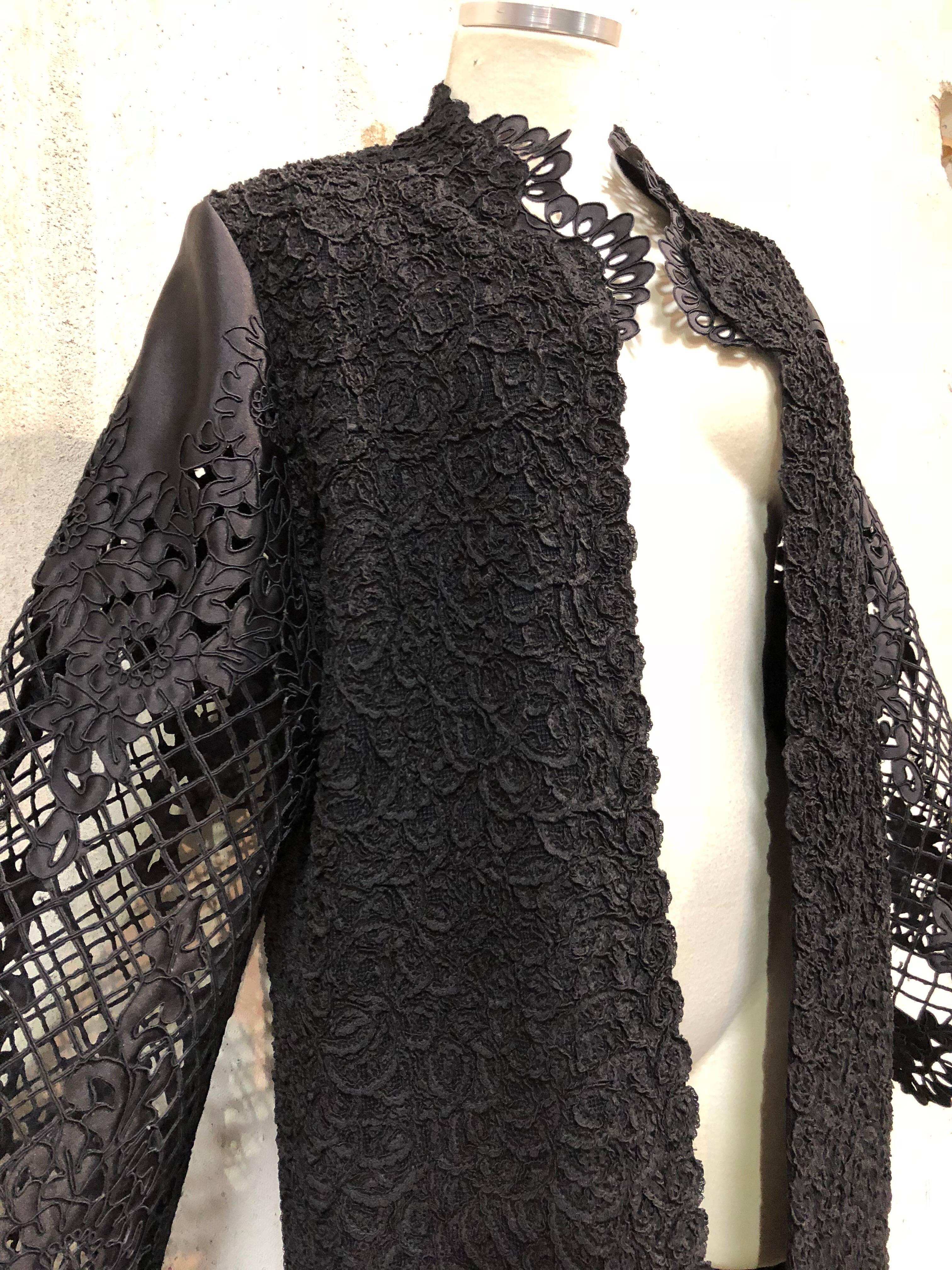 1960s Wool Ribbon Knit Coat W/ Black Satin Machine Lace & Eyelet Flared Sleeves 4