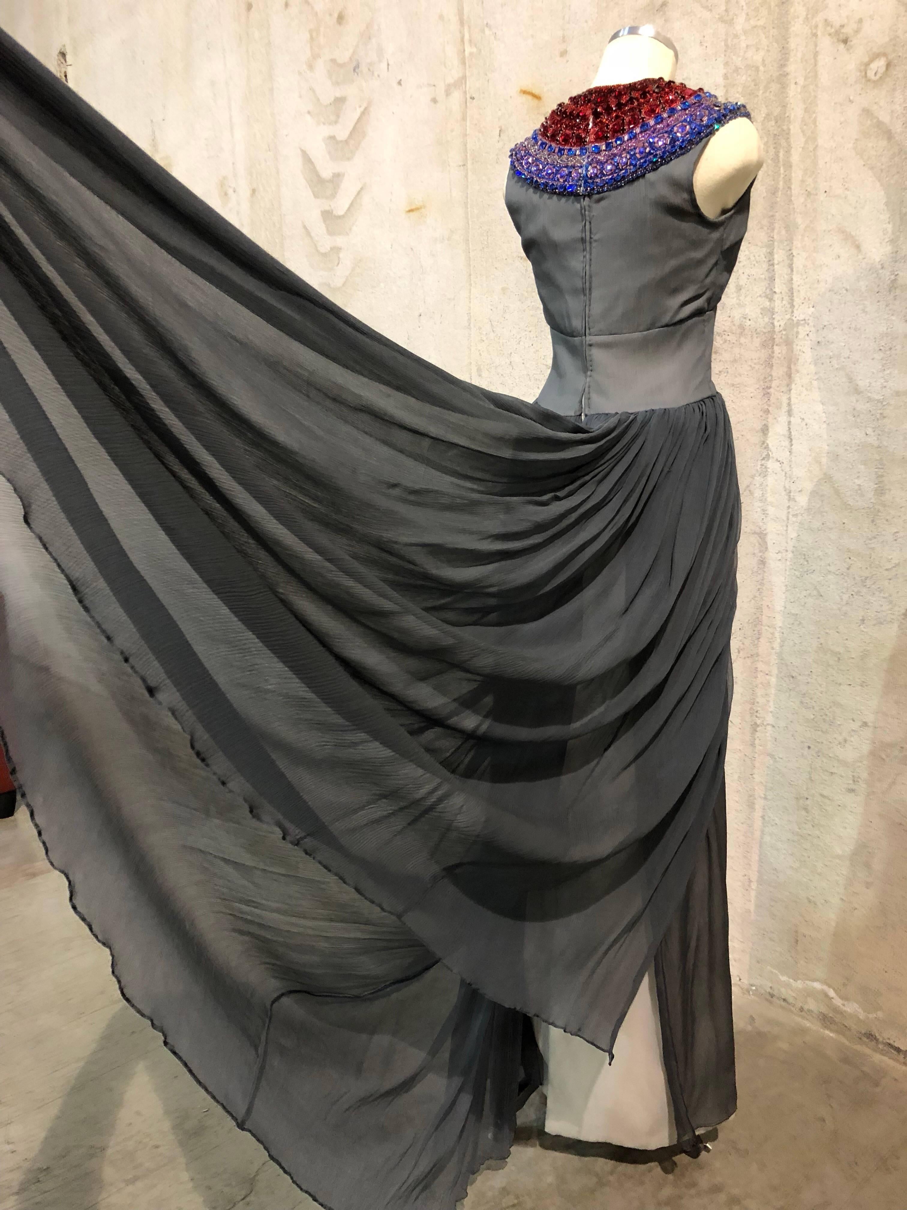 Christian Dior Couture Slate Silk Chiffon Gown with Jewel Encrusted Collar, 1968 In Excellent Condition In Gresham, OR