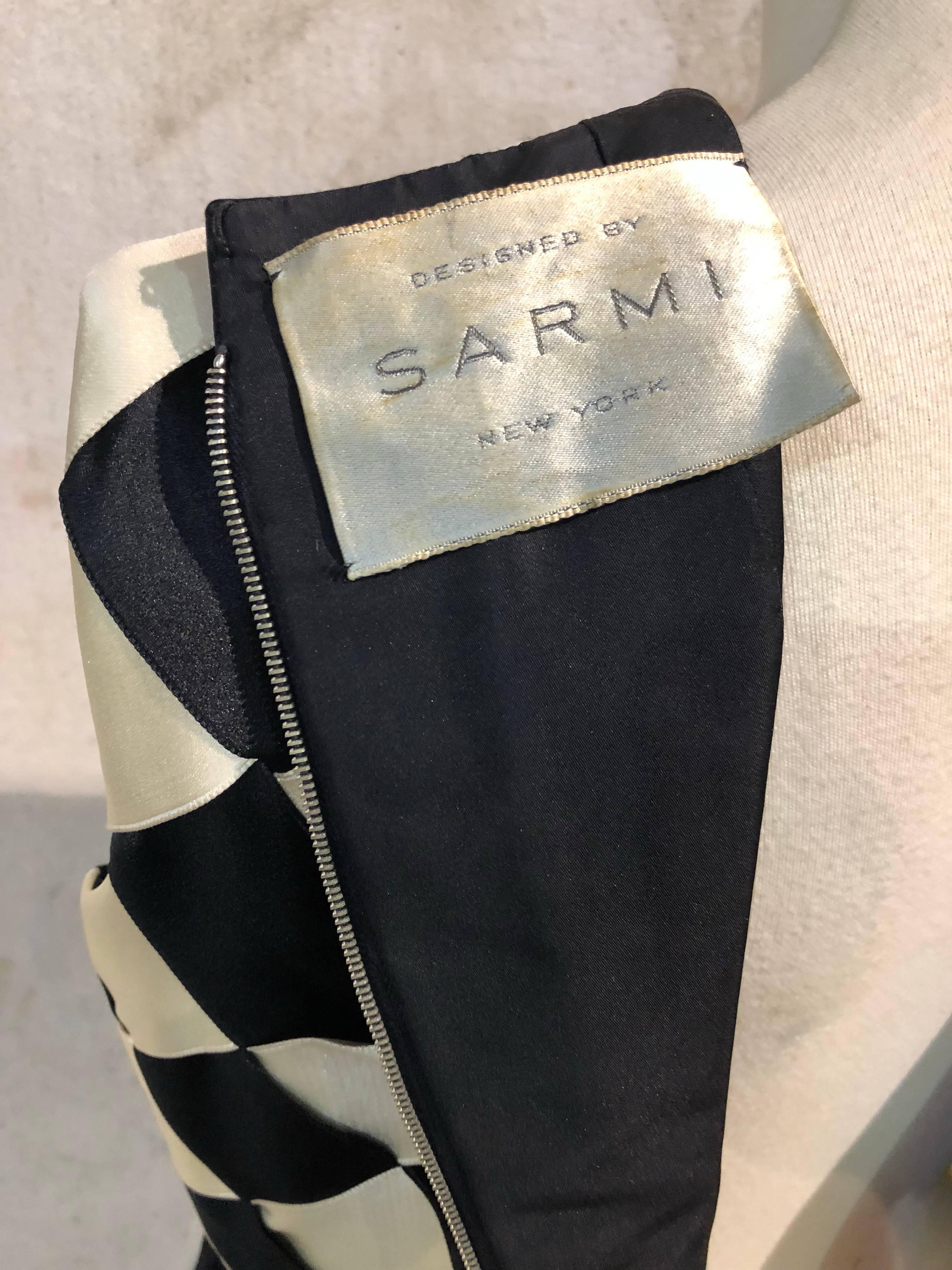 1960s Sarmi Black & White Harlequin Silk Ribbon & Chiffon Evening Gown  1