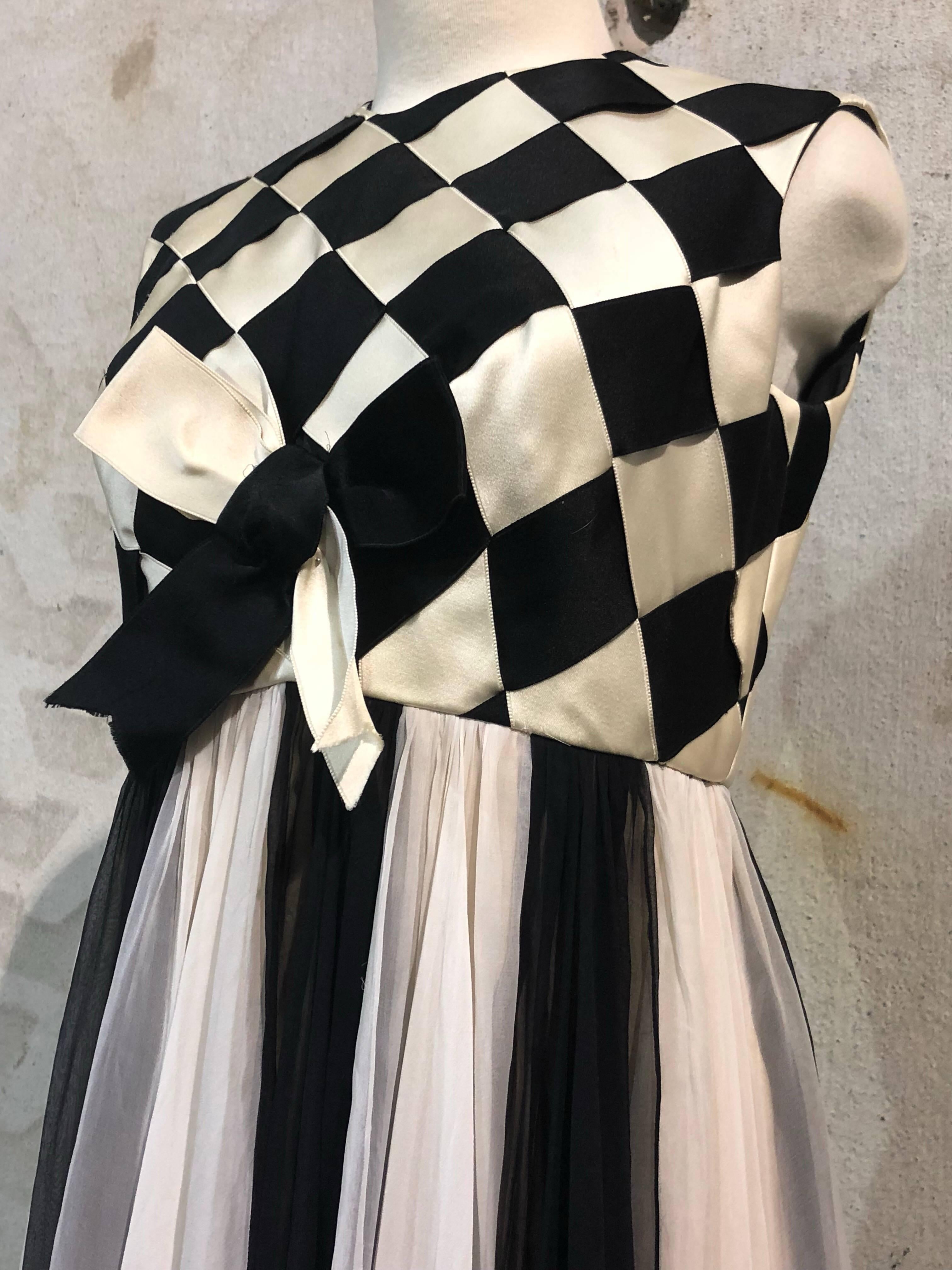 1960s Sarmi Black & White Harlequin Silk Ribbon & Chiffon Evening Gown  2
