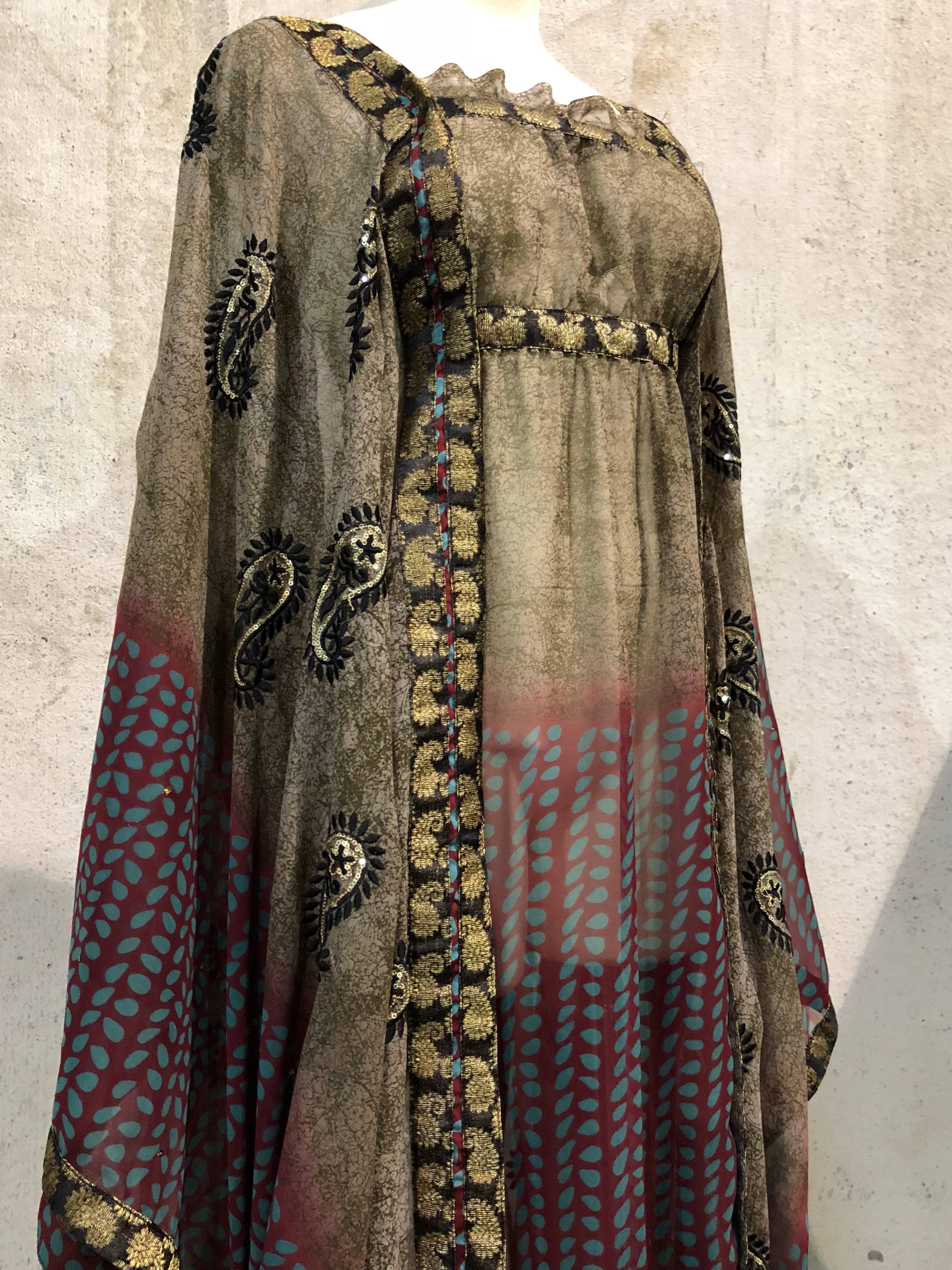 Women's Custom-Made Thea Porter-Inspired Kaftan of Silk Sari Fabric w/Gold Draw Strings