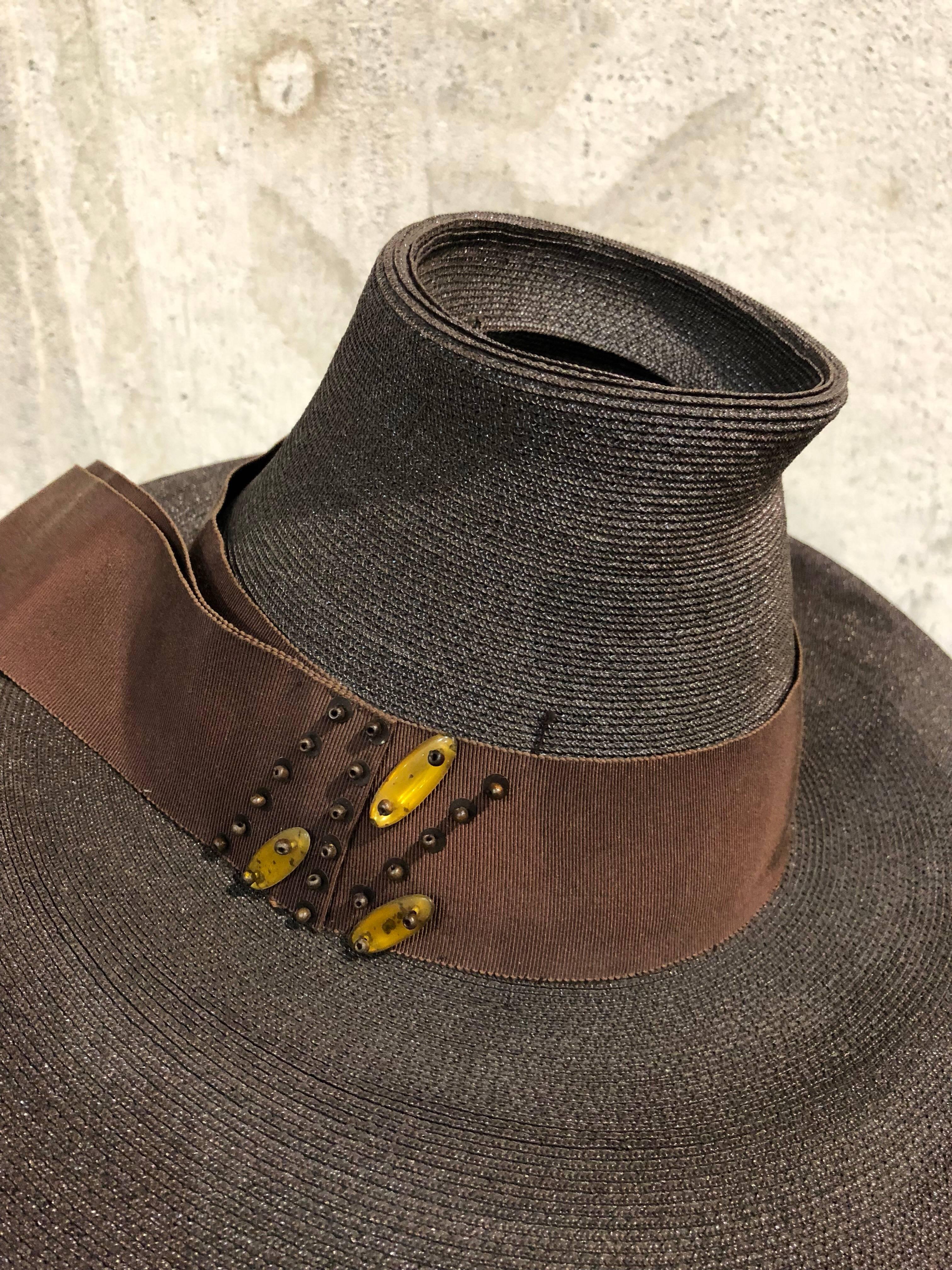 1940s Milanese Suzy Lee straw hat in rich brown with high open crown, wide grosgrain band and sequin trimming. 