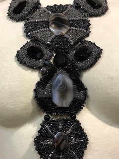 Artisan-Made Black Glass & Agate Beaded Bib Necklace