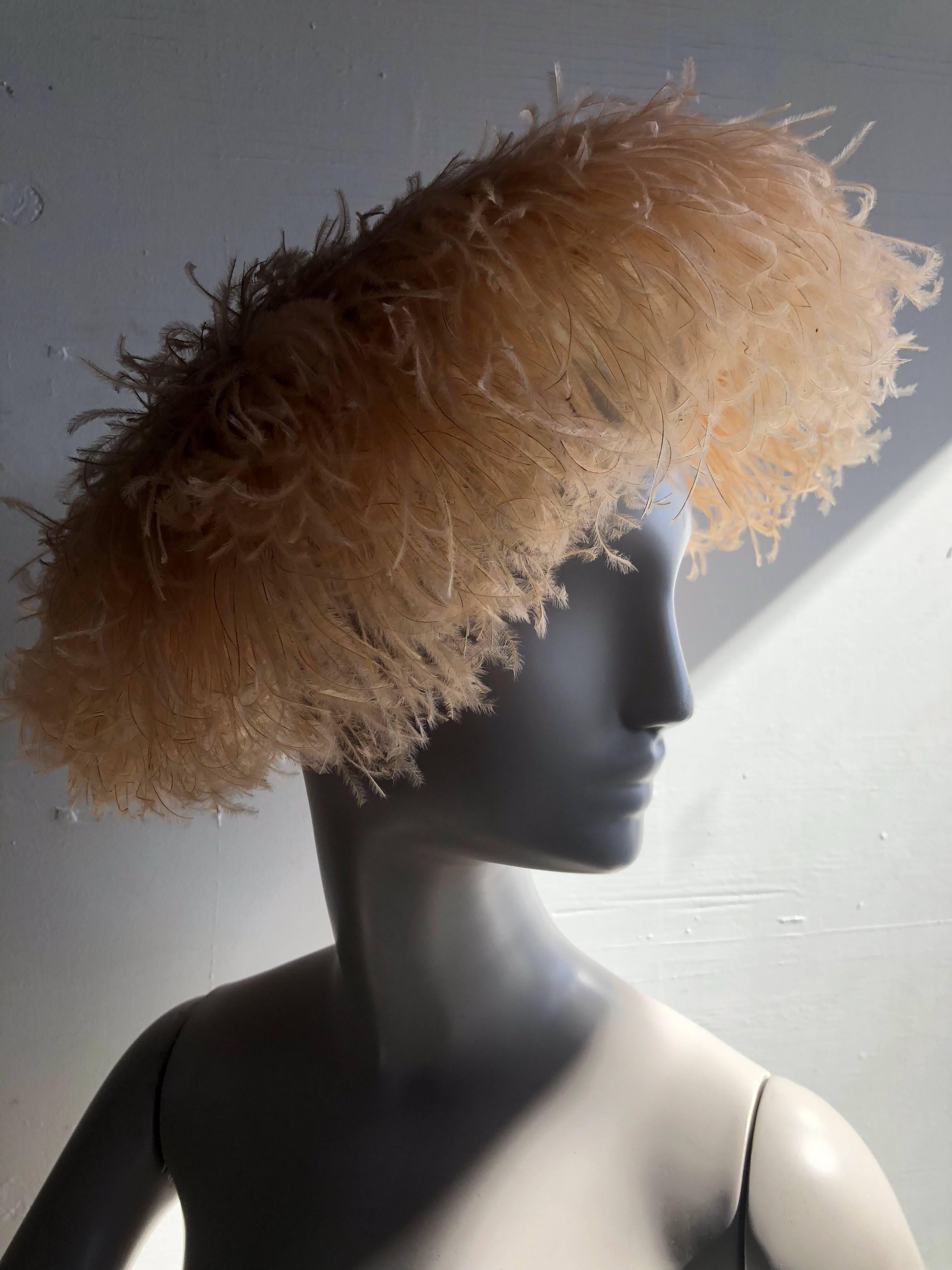 1950s Lora Peach Curled Ostrich Feather Cocktail Hat 2