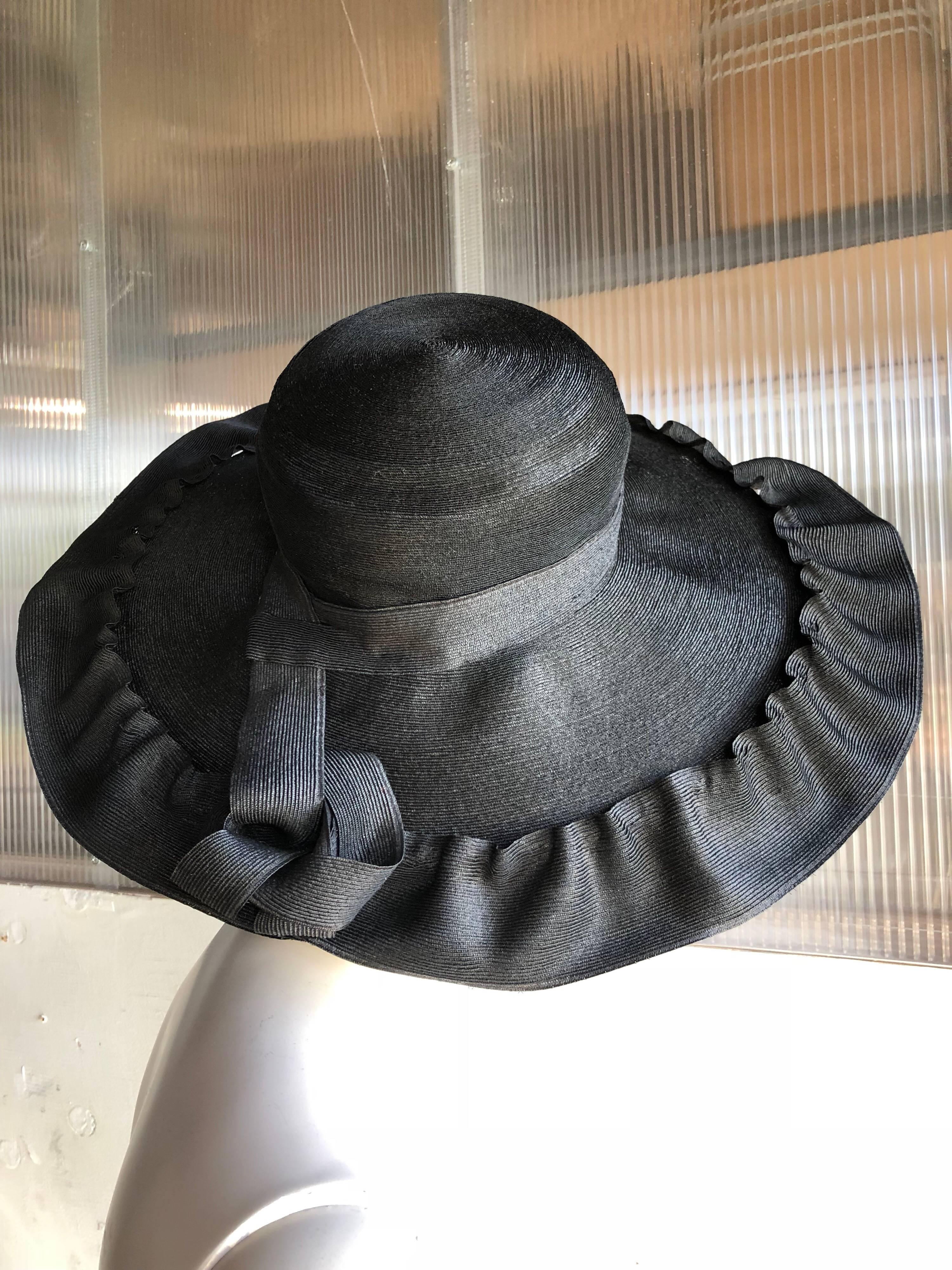 Irina Roublon Large Dramatic Black Straw Hat With Ruffled Straw Brim, 1940s  In Excellent Condition In Gresham, OR