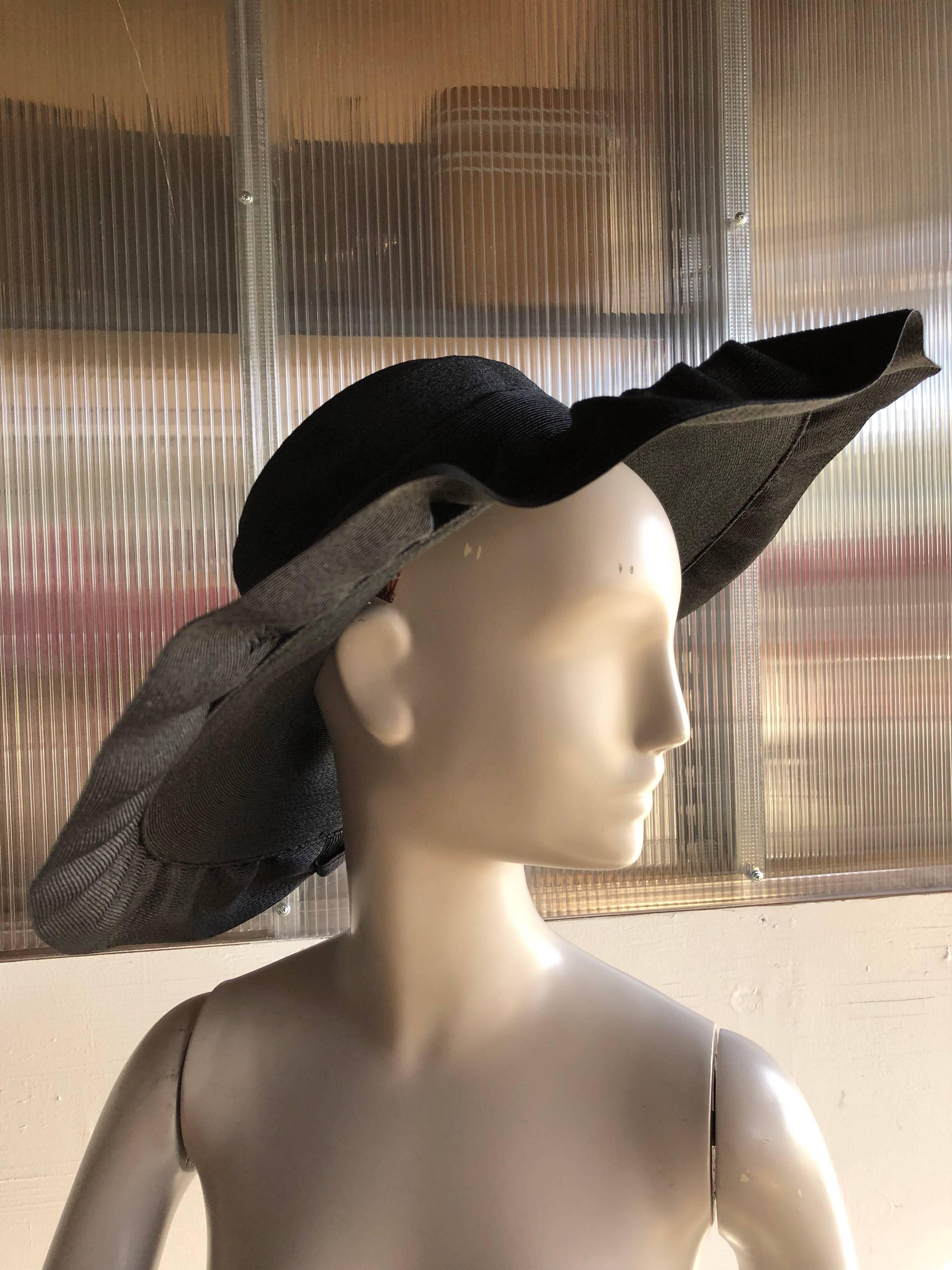 Irina Roublon Large Dramatic Black Straw Hat With Ruffled Straw Brim, 1940s  3