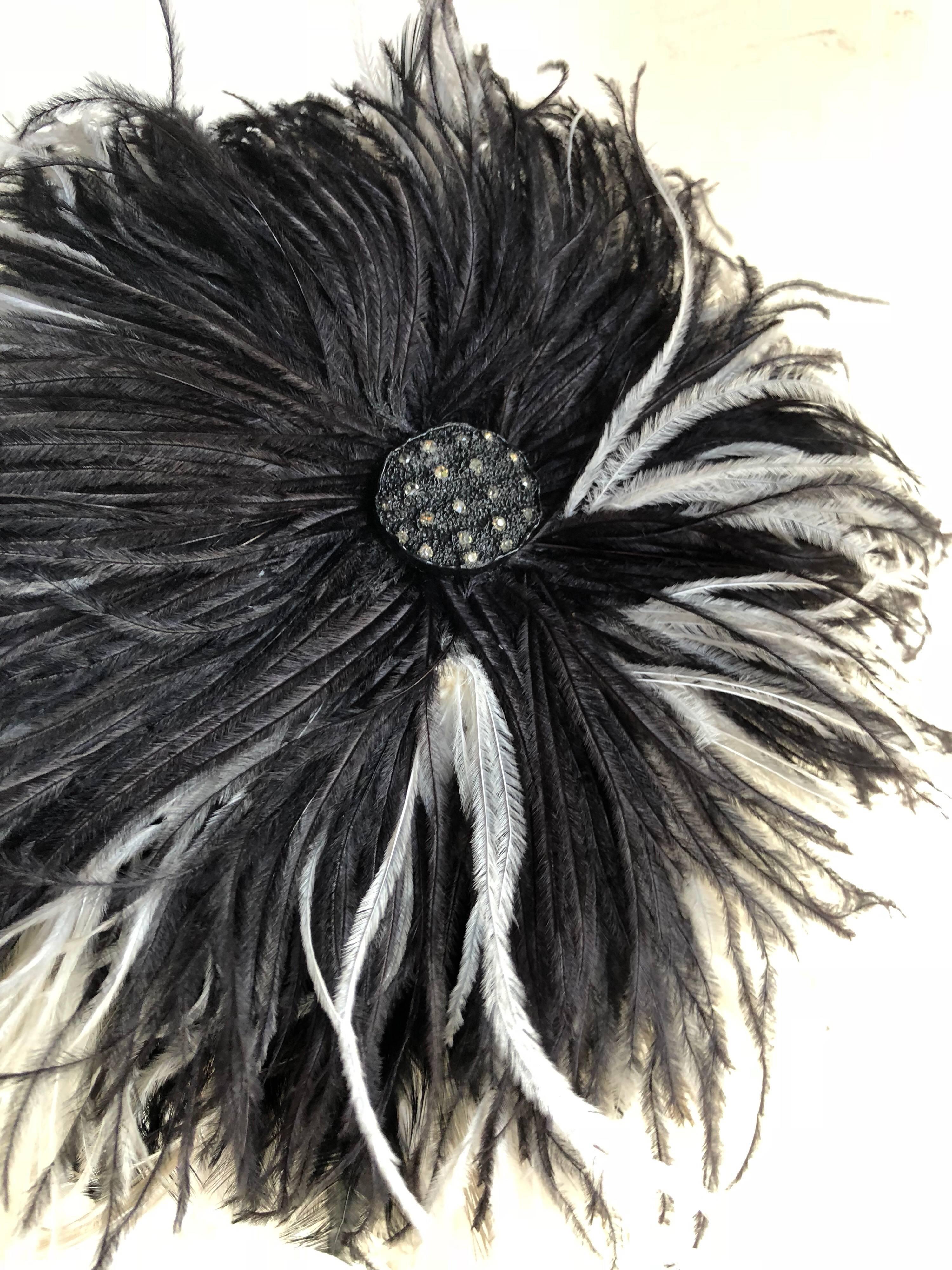 Women's William J. Black And White Ostrich Feather Saucer Style Hat With Boa, 1950s 