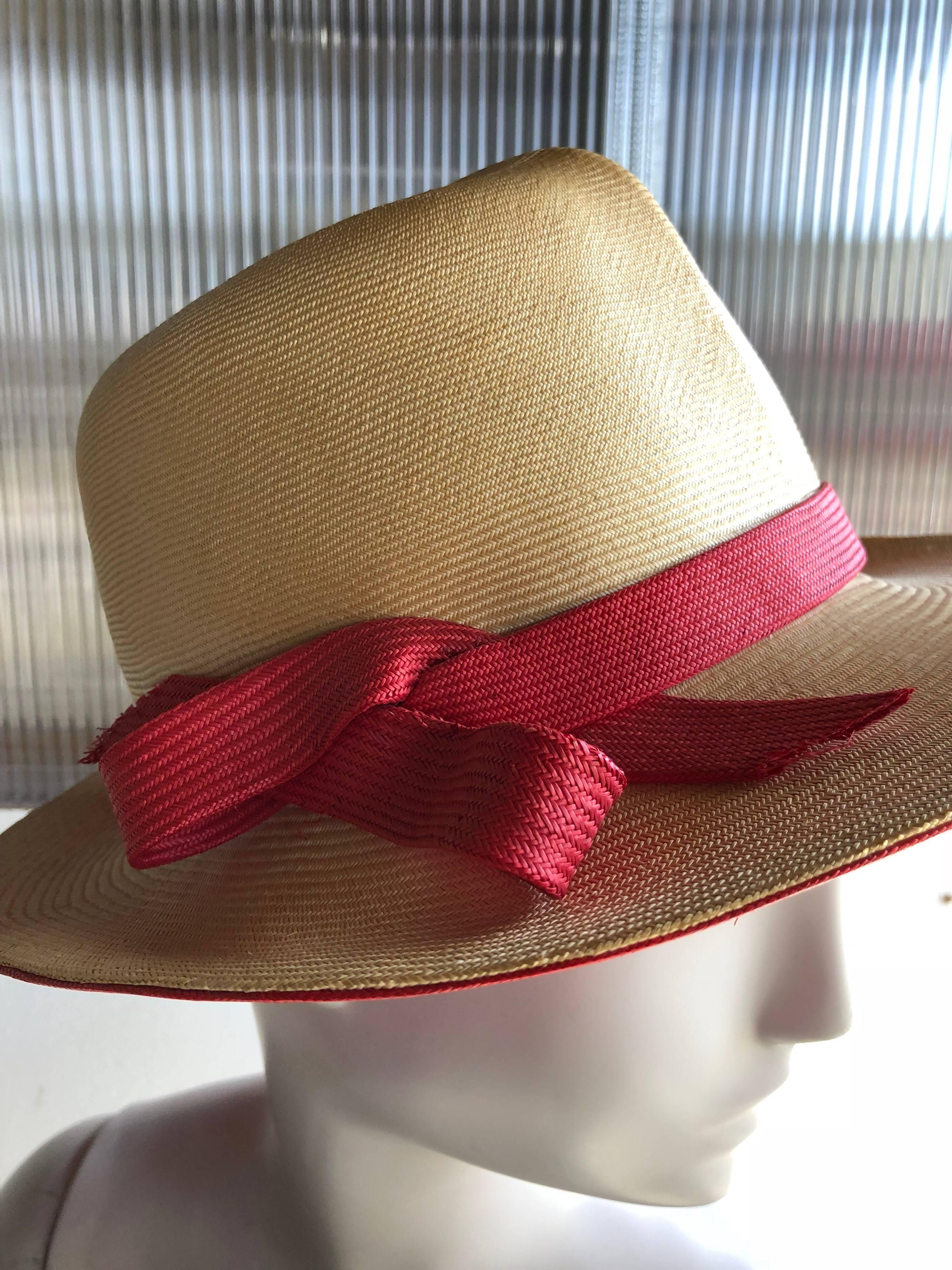 1970s Adolfo Two-Tone Natural And Red Straw Safari-Style Fedora W/ Creased Crown In Excellent Condition In Gresham, OR