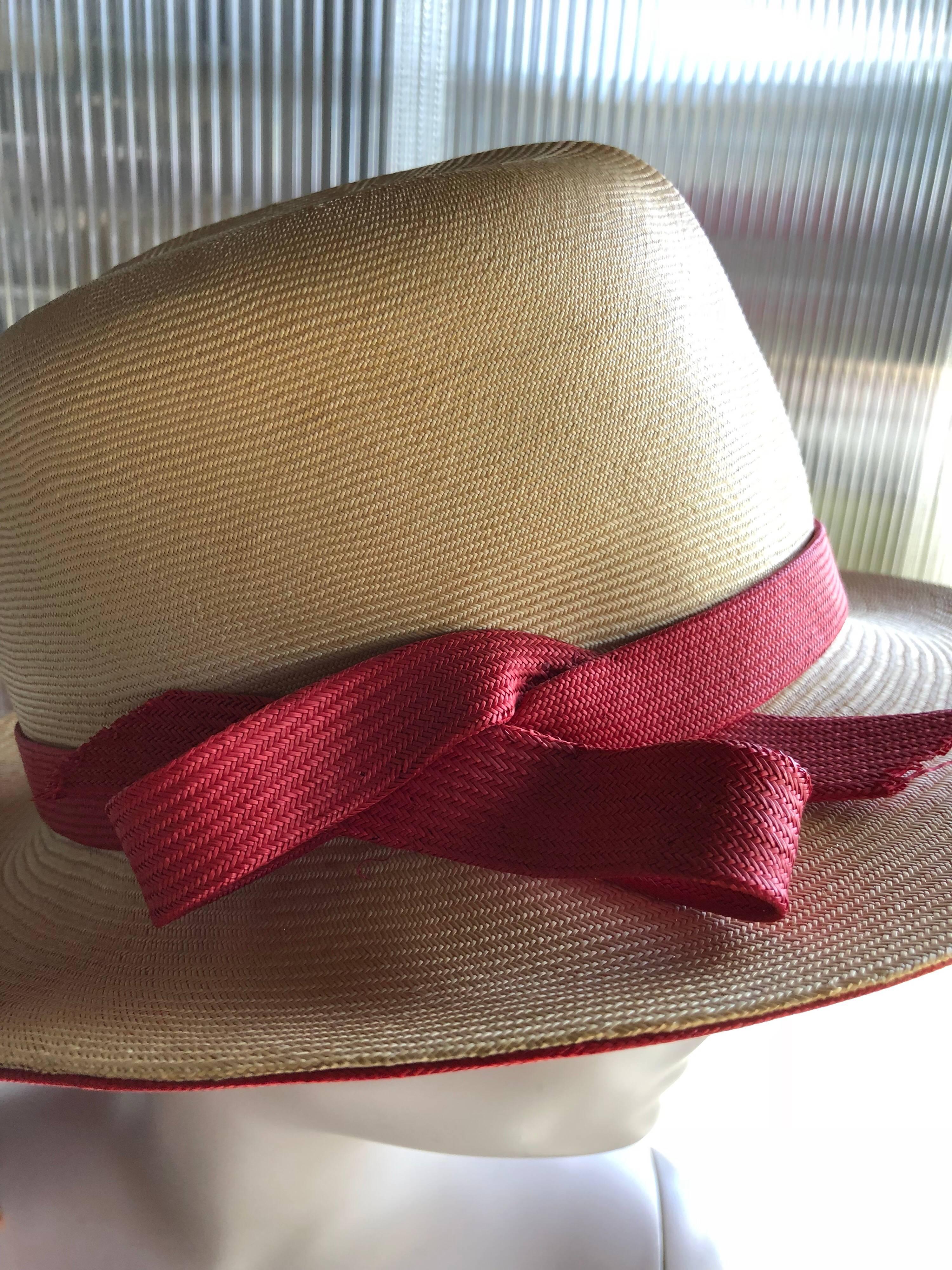 Women's 1970s Adolfo Two-Tone Natural And Red Straw Safari-Style Fedora W/ Creased Crown