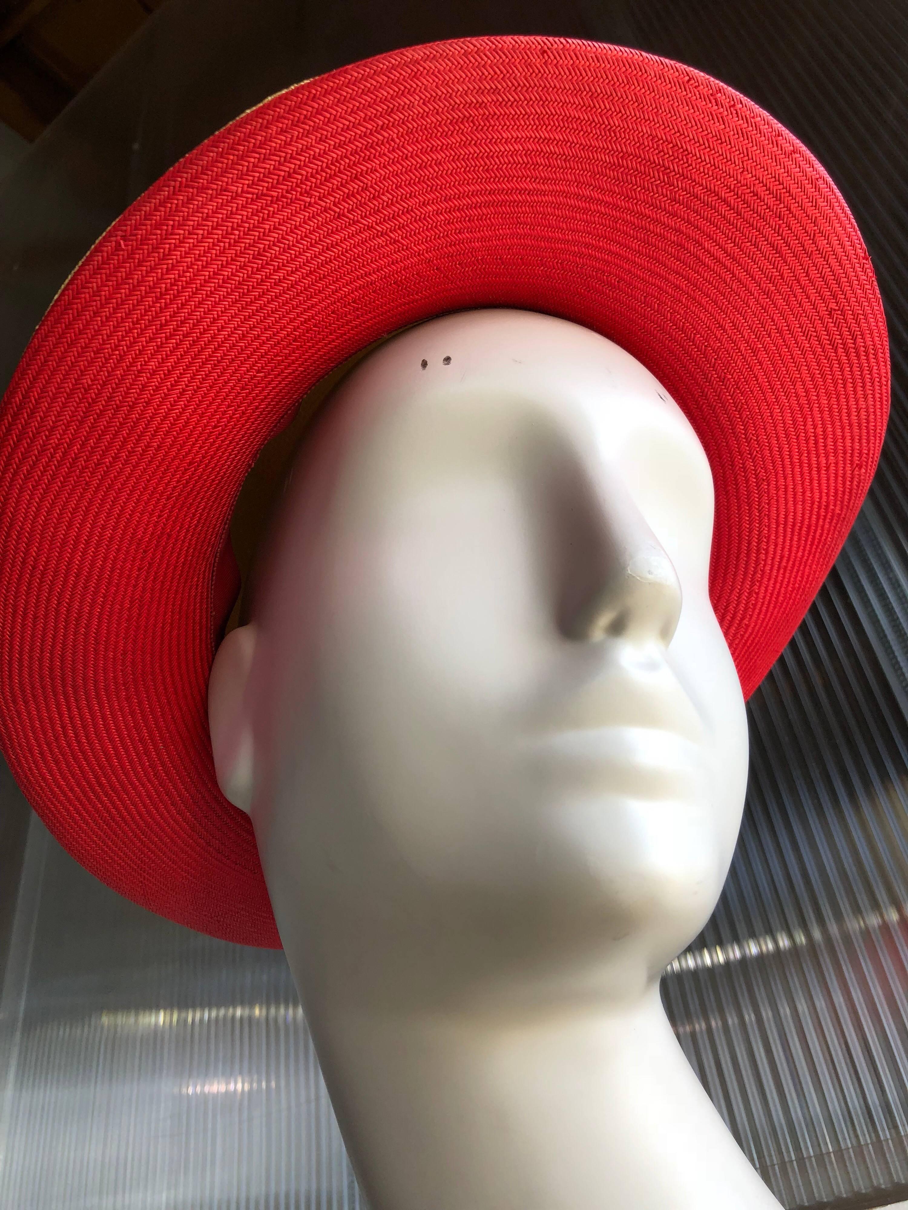 1970s Adolfo Two-Tone Natural And Red Straw Safari-Style Fedora W/ Creased Crown 1
