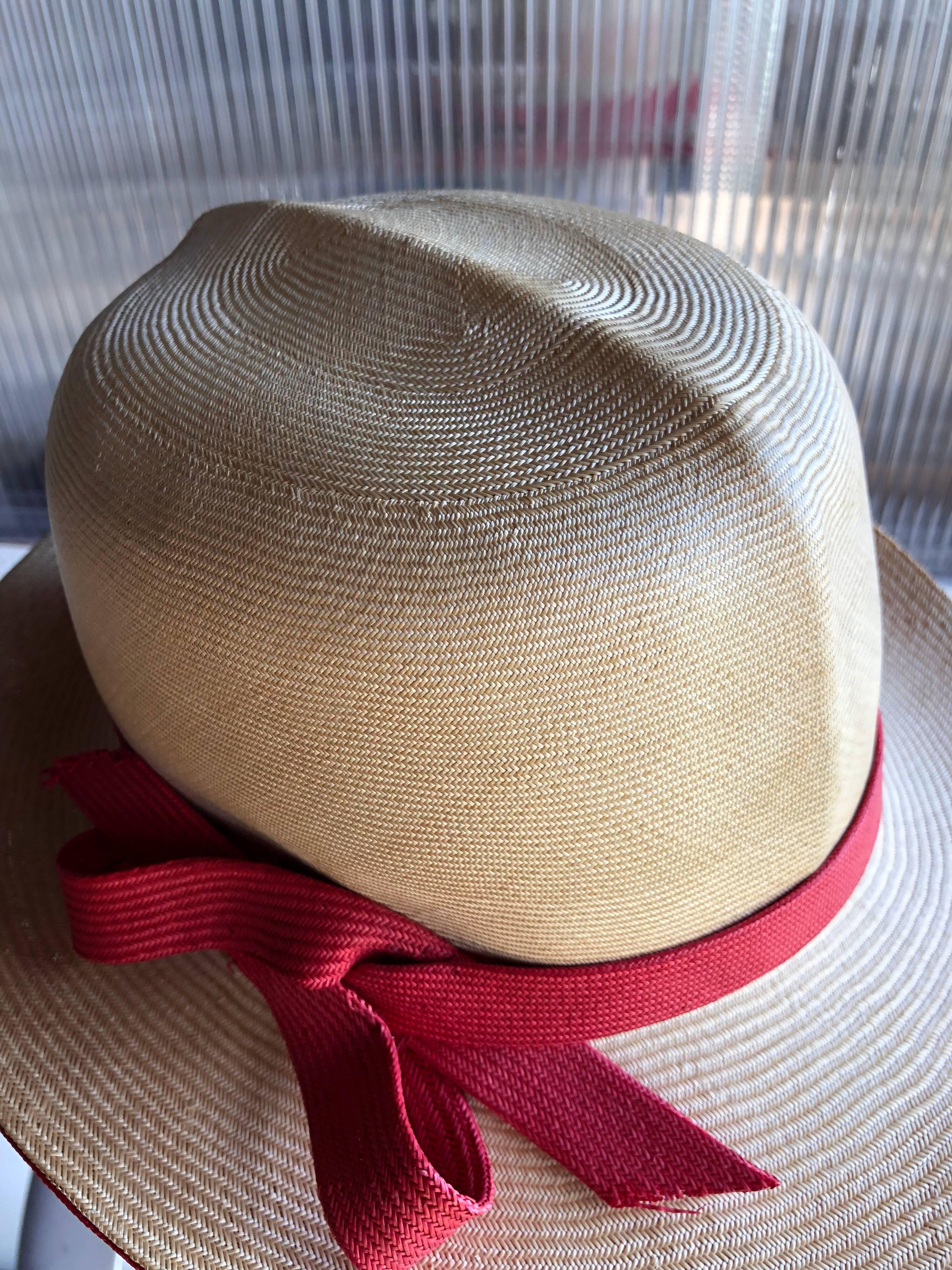 1970s Adolfo Two-Tone Natural And Red Straw Safari-Style Fedora W/ Creased Crown 4
