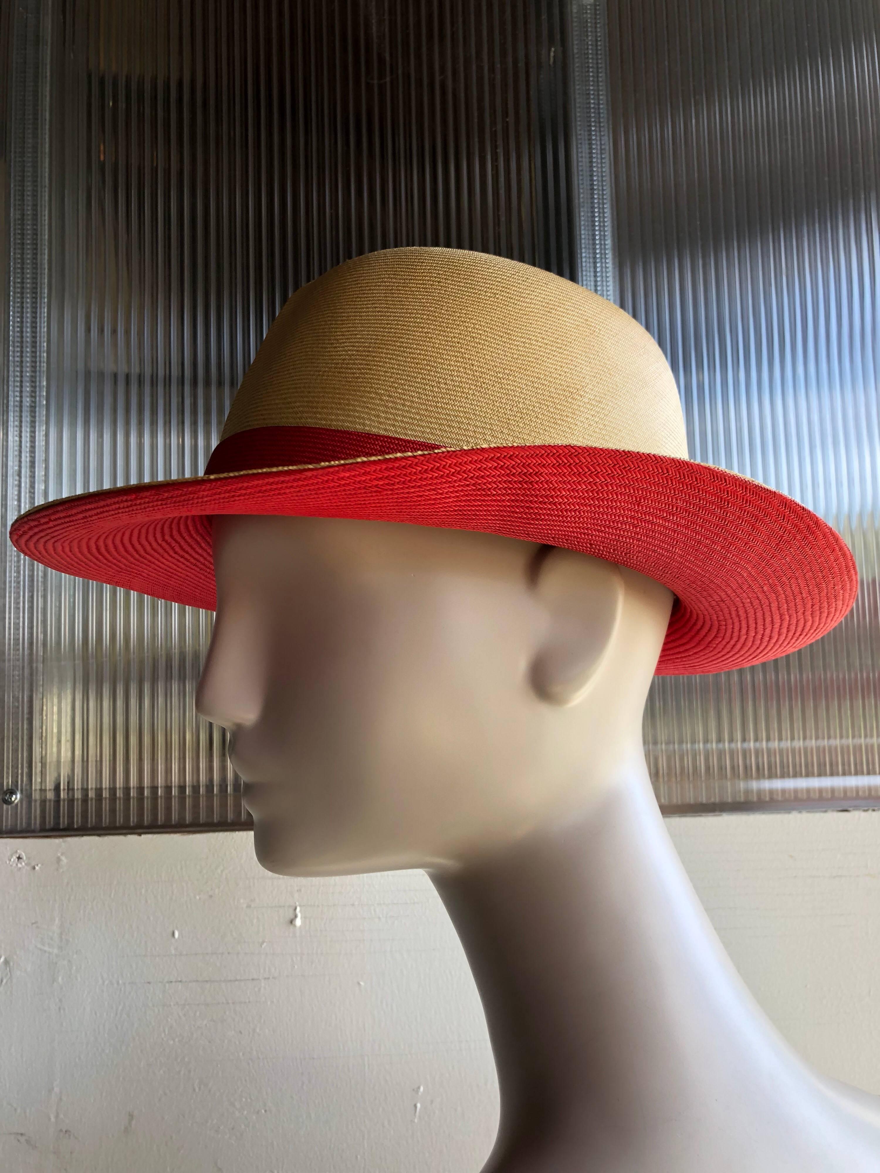 Brown 1970s Adolfo Two-Tone Natural And Red Straw Safari-Style Fedora W/ Creased Crown