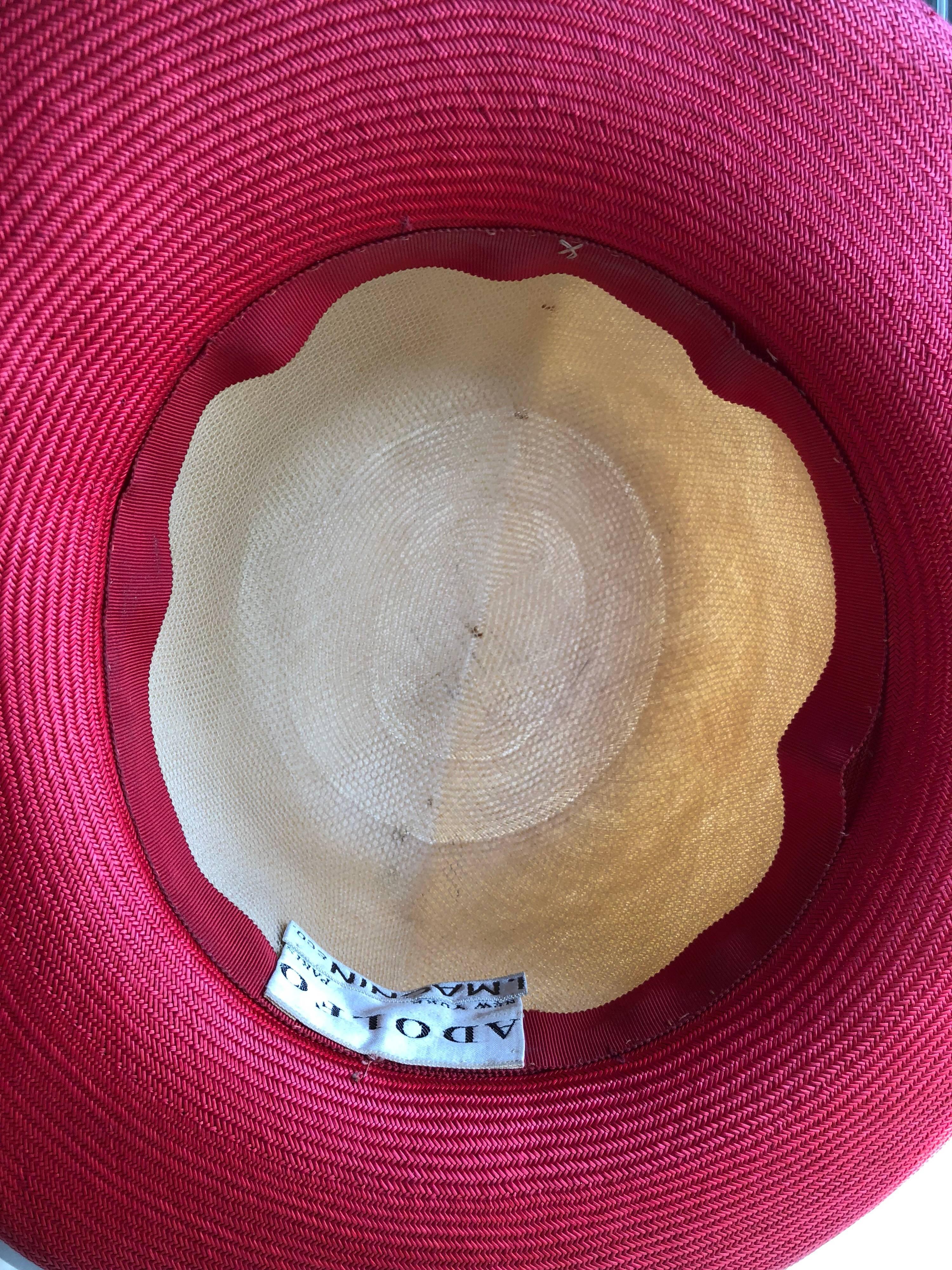 1970s Adolfo Two-Tone Natural And Red Straw Safari-Style Fedora W/ Creased Crown 2