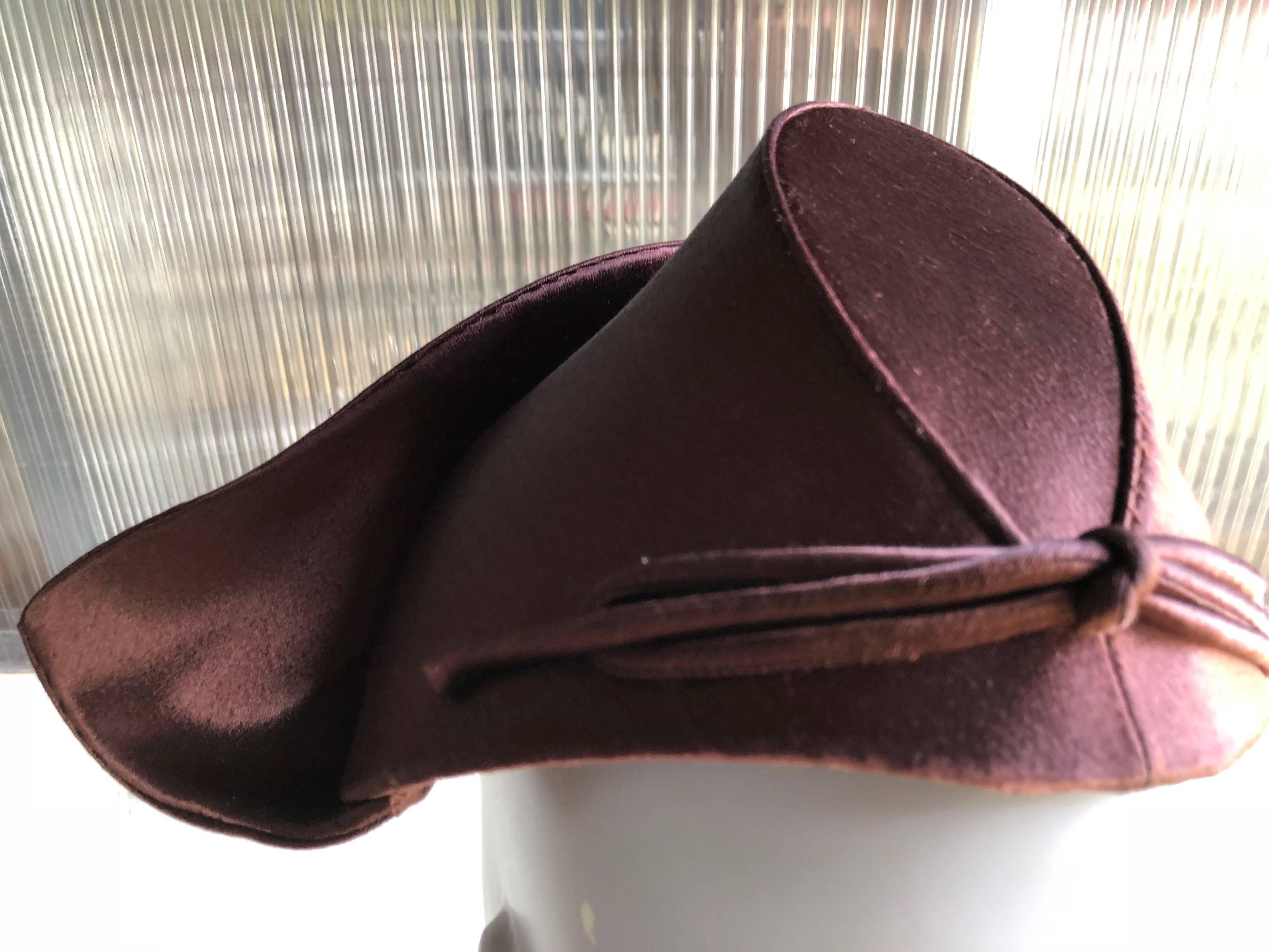 Black 1940s Coret Chocolate Brown Silk Satin Dutch-Style Cocktail Hat For Sale