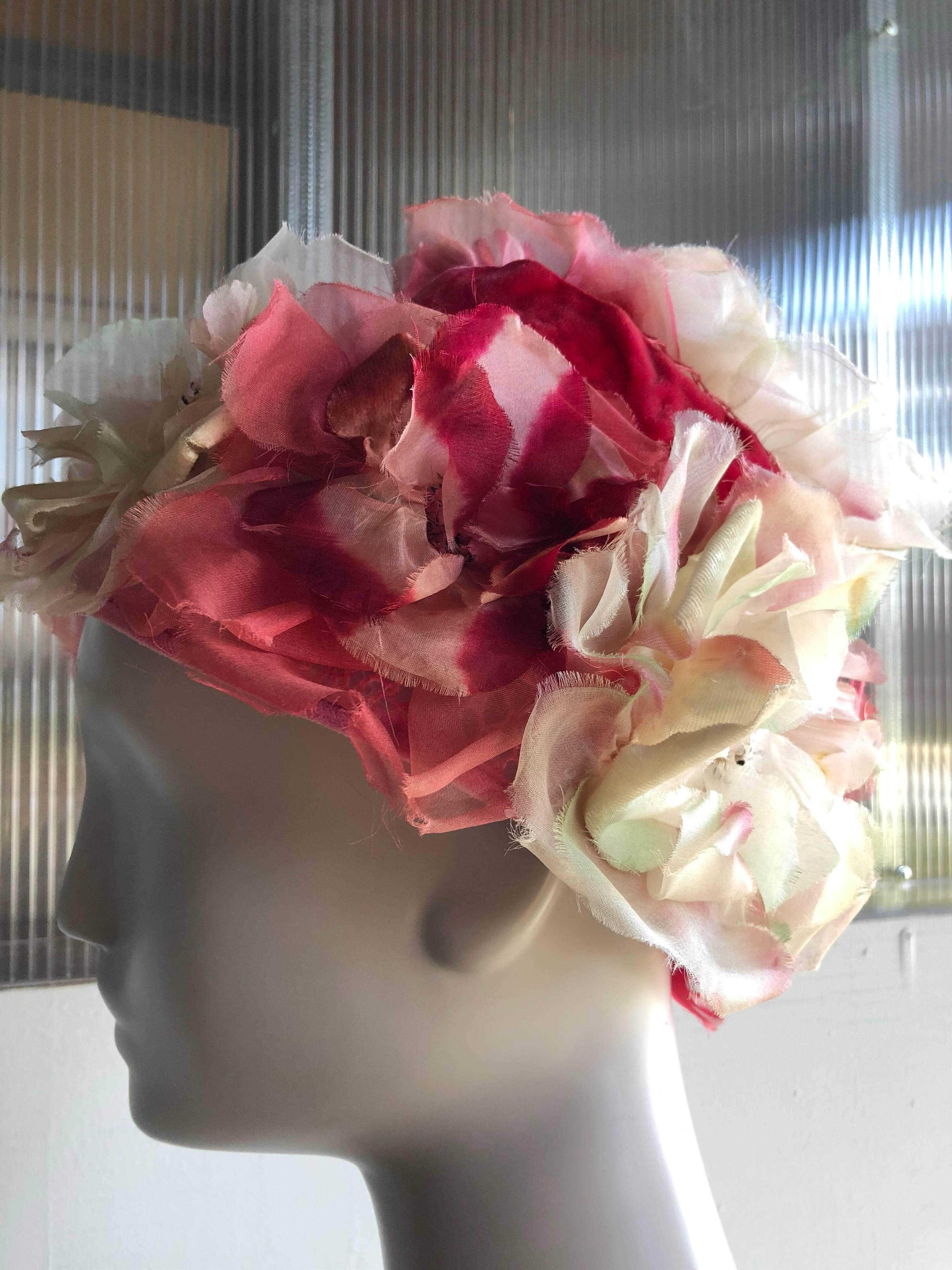 Brown 1950s Mr Josephs Flower Pot Shaped Hat W/ Silk Florals and Velvet Ribbon For Sale
